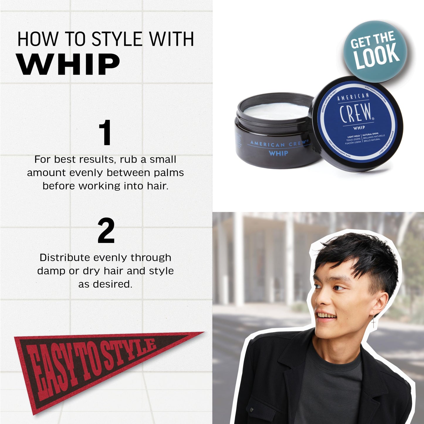 American Crew Men's Whip Styling Cream, Like Hair Gel with Light Hold & Natural Shine, Stocking Stuffer for Him, 3 oz