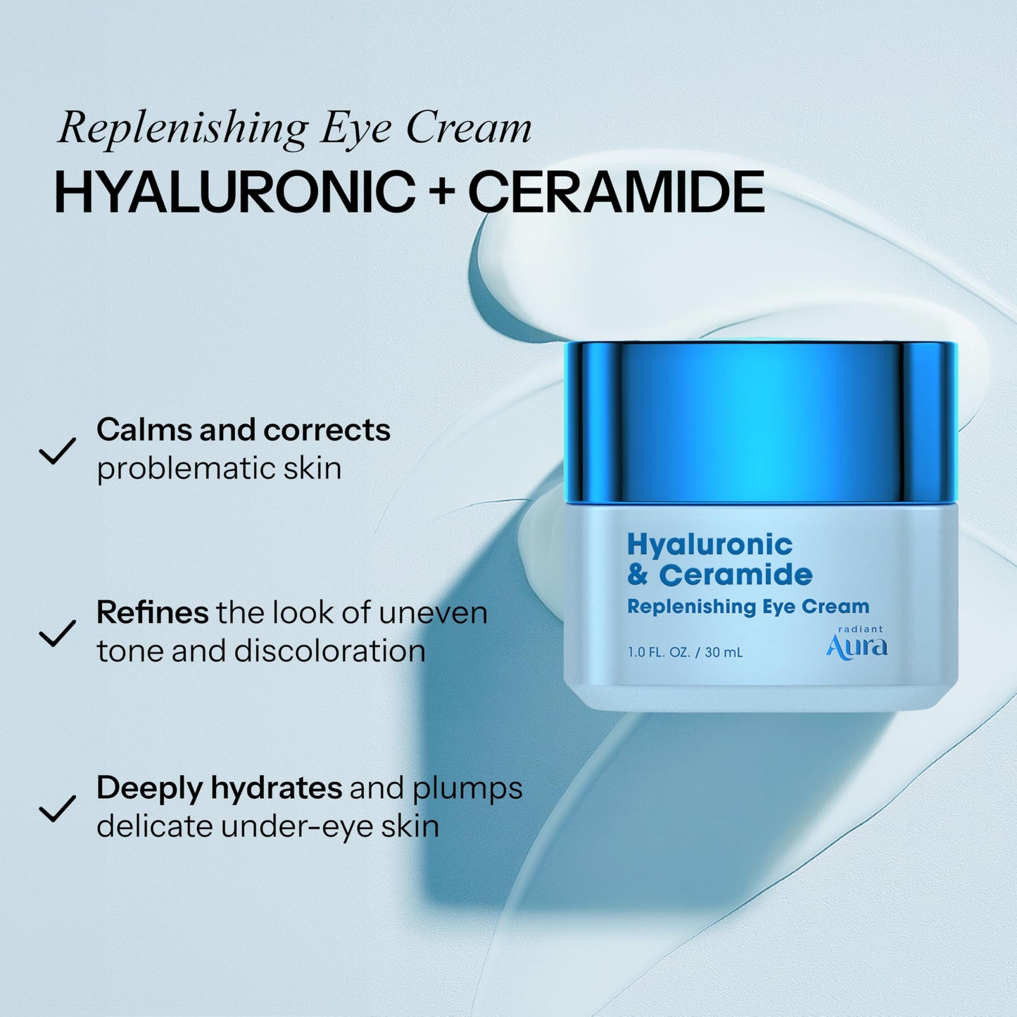 Radiant Aura Hyaluronic Acid & Ceramide Eye Cream For Dark Circles - Dermatologist Tested, Anti Aging Korean Skin Care - Deep Hydration & Depuffing