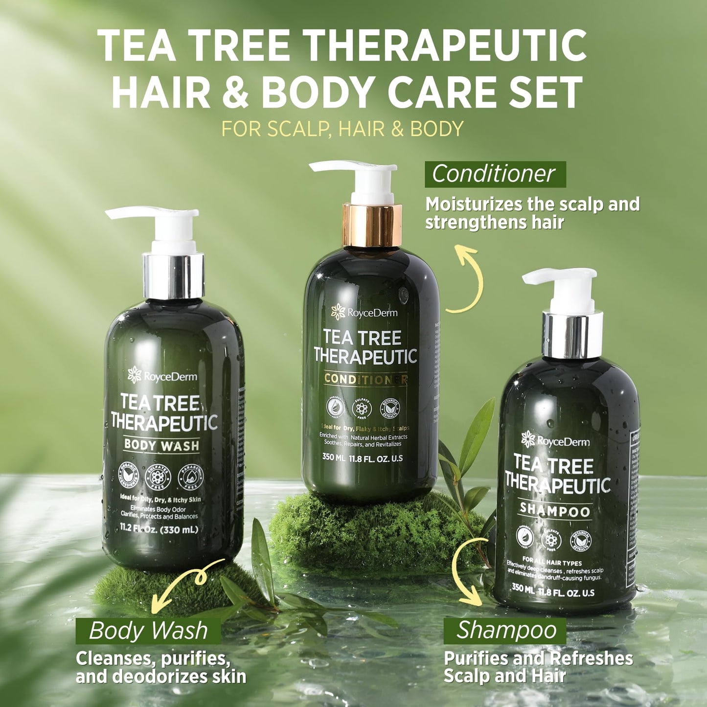 Roycederm Tea Tree Therapeutic Set: Shampoo, Conditioner & Body Wash