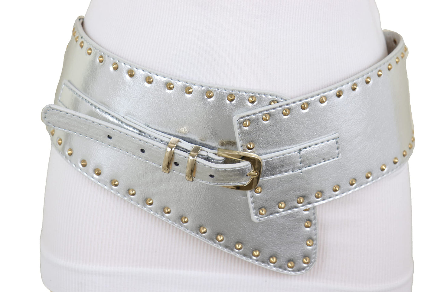 Women Wide Western Fashion Belt Hip Waist Silver Faux Leather Gold Metal Studs XS S