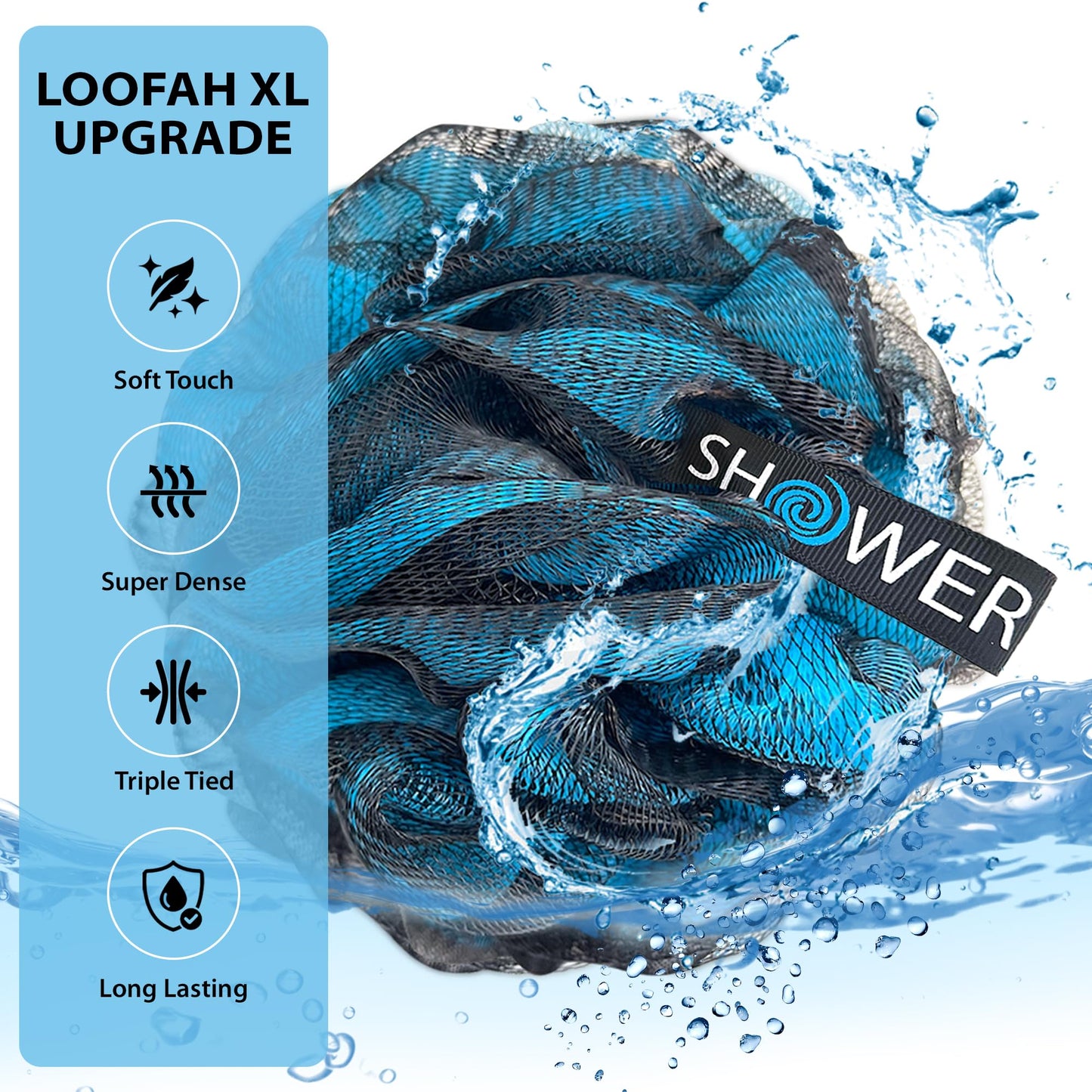 SHOWER BOUQUET Loofah-Charcoal Bath-Sponge XL-Color-4-Pack // Extra Large 75g Soft Mesh Black Luffa Loofa Loufa Puff Set/Exfoliating Body Scrubber