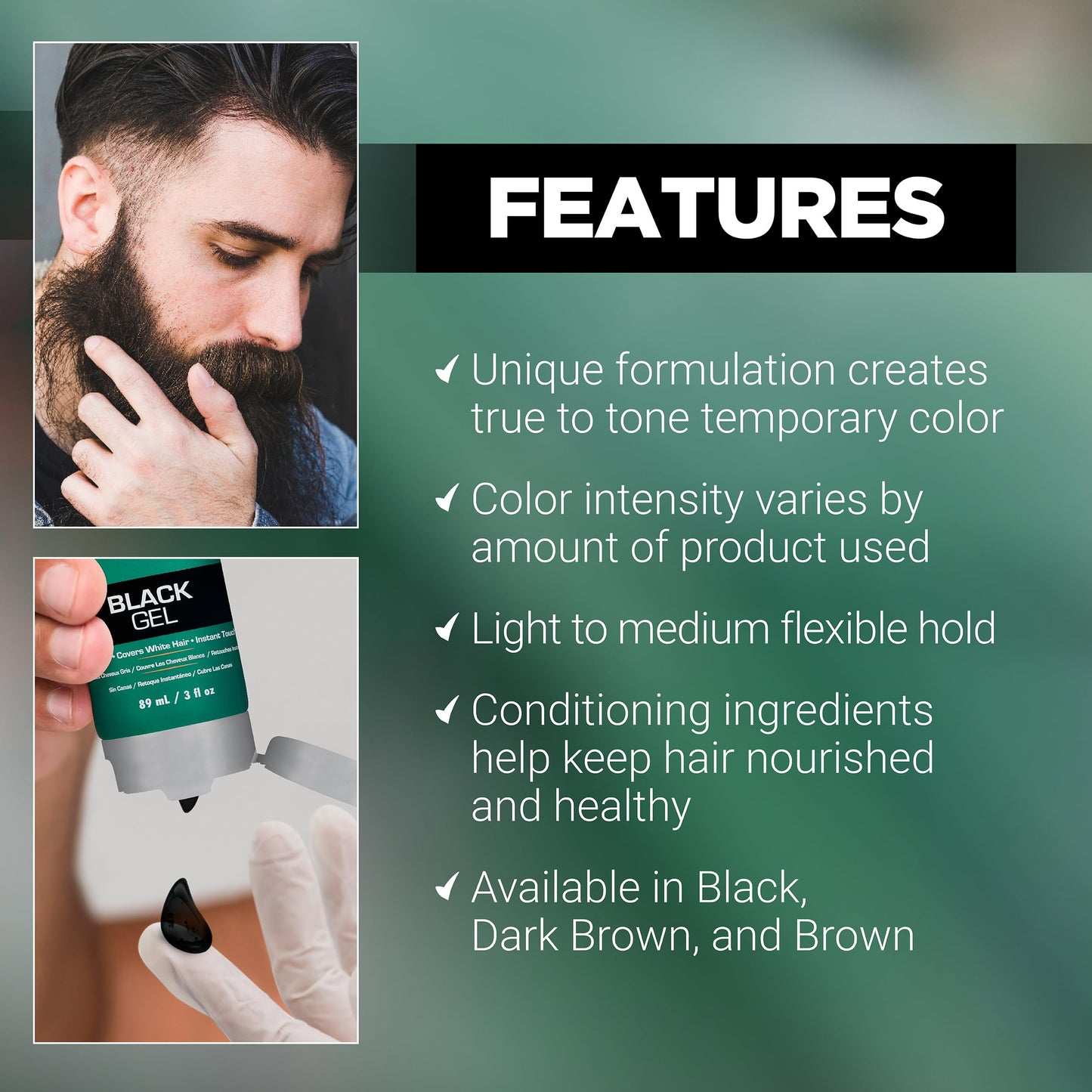 Clubman Pinaud Black Styling Gel - Grey-Free Hair Gel for Men, Instant Touch-Up White Hair Coverage & Flexible Hold, Unscented, 3 fl oz