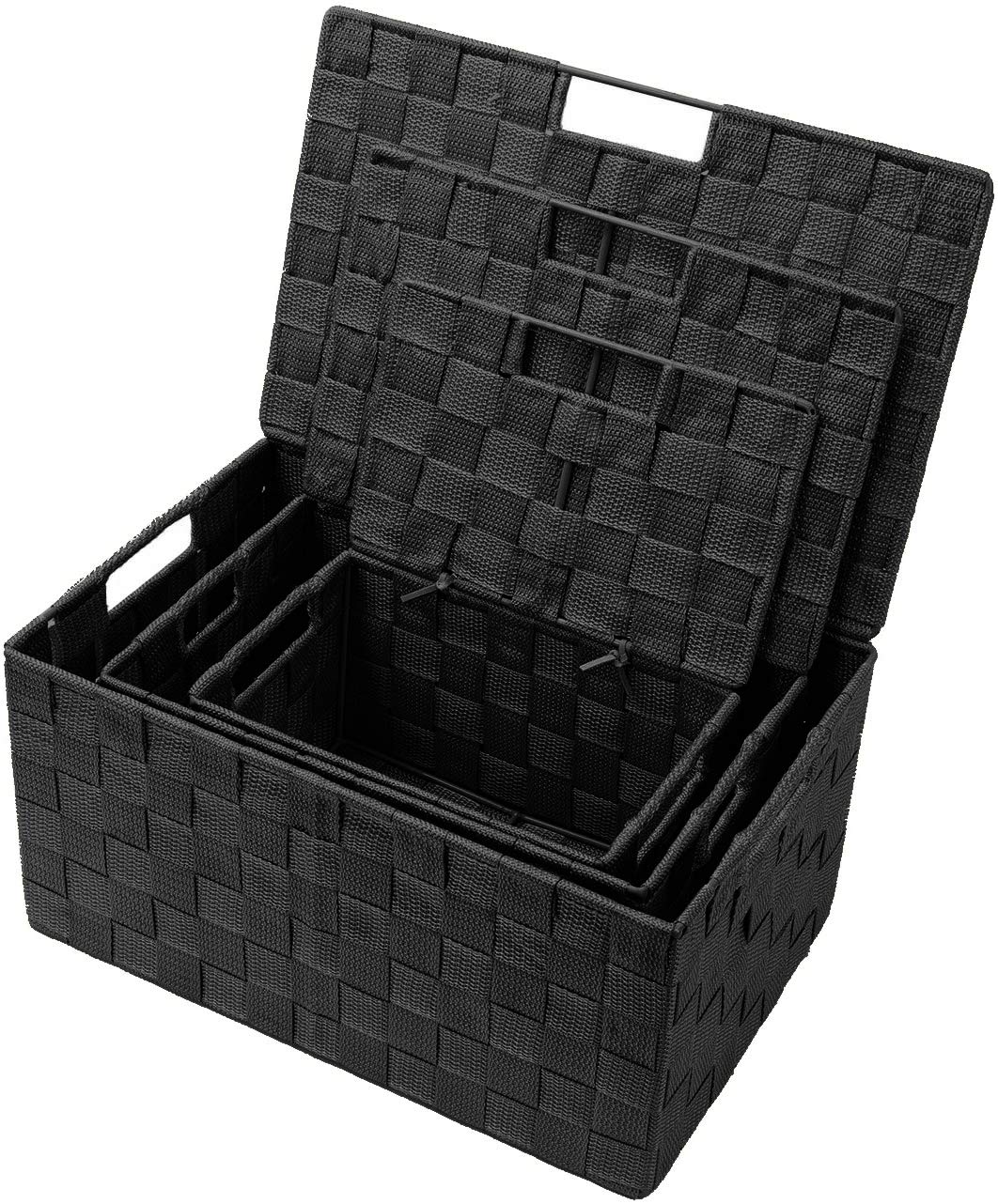 Sorbus Set of 3 Black Woven Storage Baskets with Lids - Mesh Hand-Woven Bins for Closet, Shelf, and Linen Organization - Variety Pack