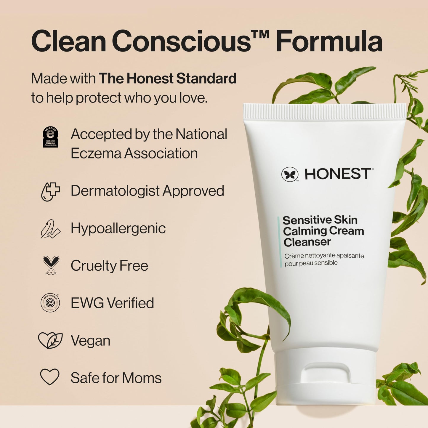 Honest Beauty Sensitive Skin Calming Cream Cleanser | Gently Cleanses, Hydrates, + Calms Skin | Hypoallergenic, Fragrance Free, Vegan | 4 fl oz