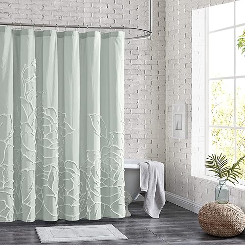 Peri Home 100% Cotton Sage Fabric Shower Curtain for Bathroom, 72 x 72 inches, Green Chenille Rose