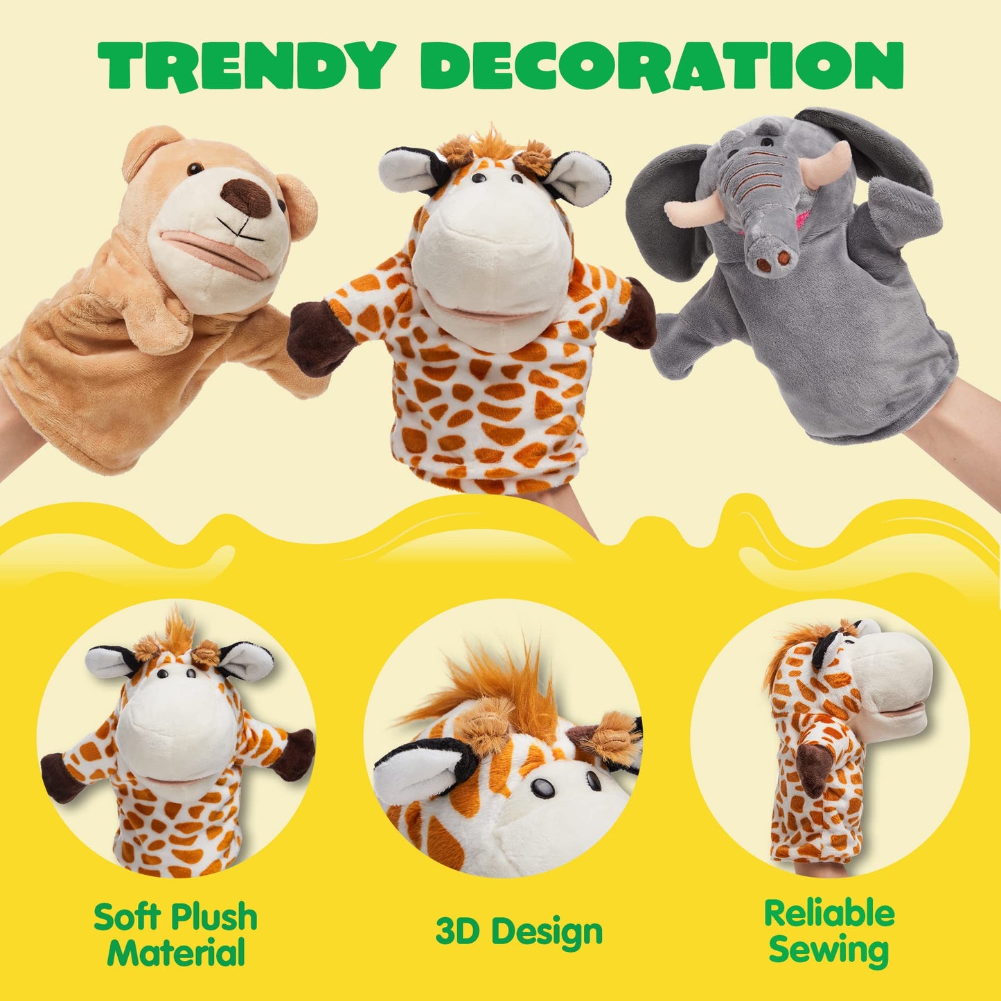 JOYIN 6Pcs Kids Hand Puppet Set with Working Mouth, Toddler Animal Plush Toy Includes Elephant, Giraffe, Lion, Bear, Raccoon and Monkey for Show…