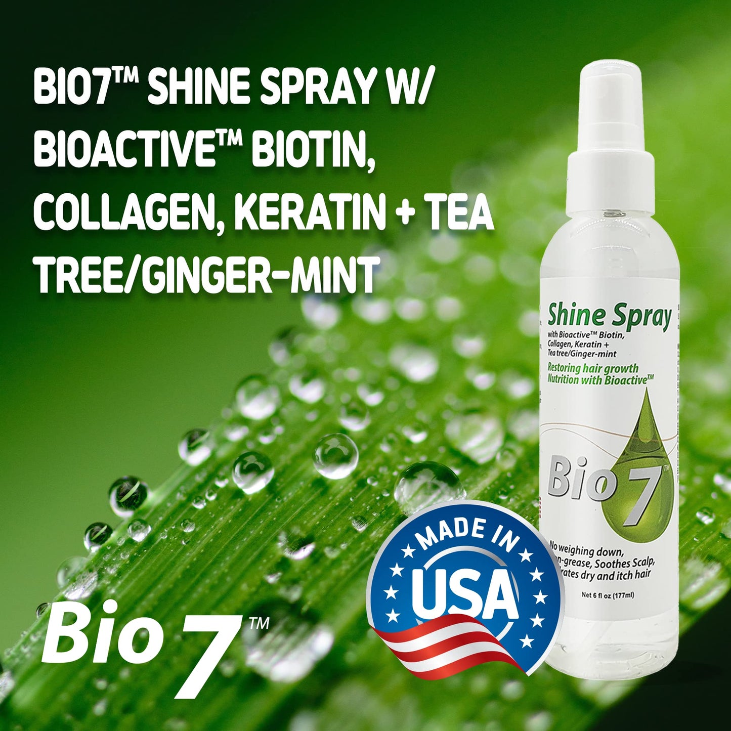 BIO7 SHINE SPRAY W/ BIOACTIVE BIOTIN, COLLAGEN, KERATIN + TEA TREE/GINGER-MINT - 6 Fl Oz - Leave Natural Hair, Wigs, and Weaves with a Glossy Shine