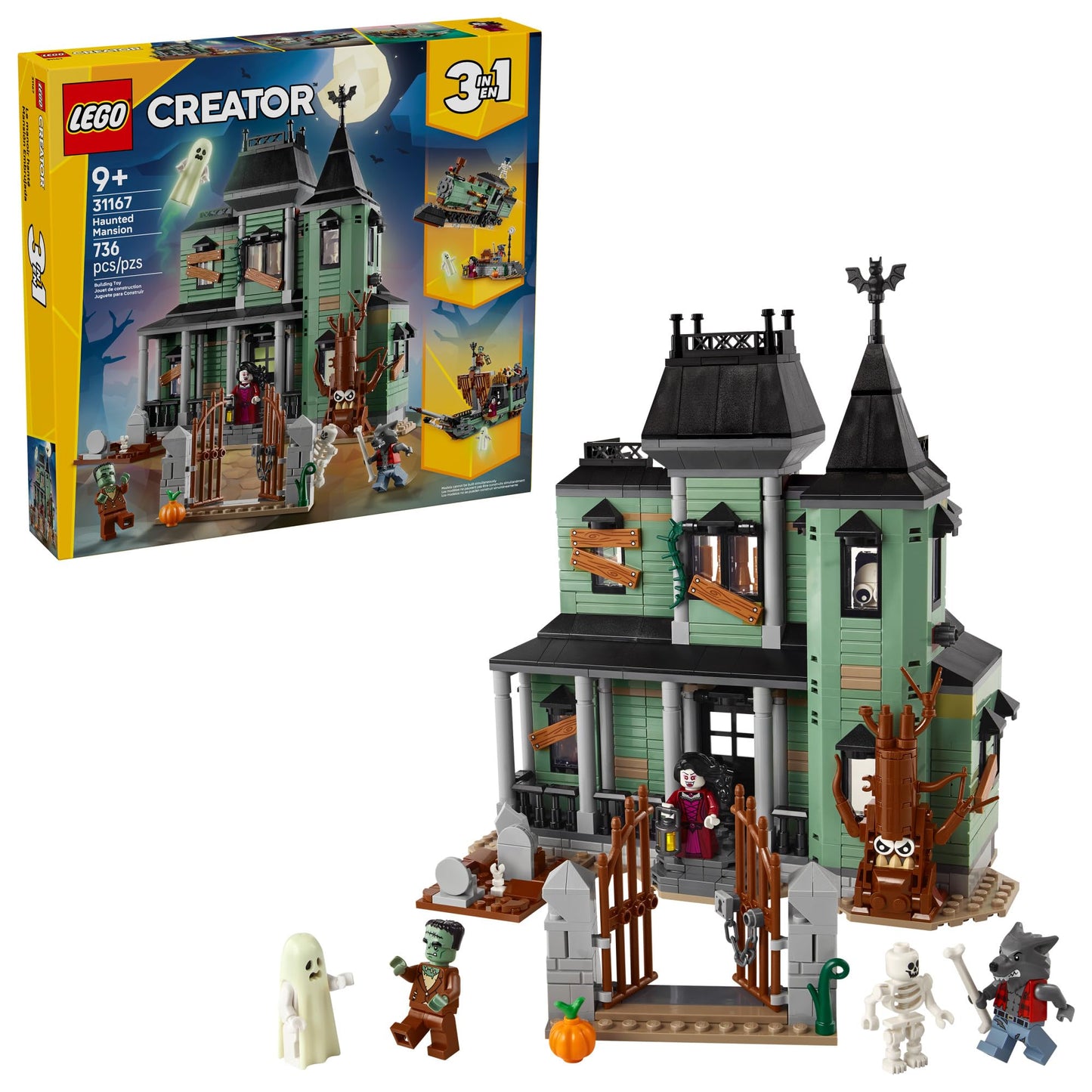 LEGO Creator 3 in 1 Haunted Mansion 31167, Buildable Haunted House, Train or Ship, Halloween Building Toy for Kids Ages 9+, Gift Idea