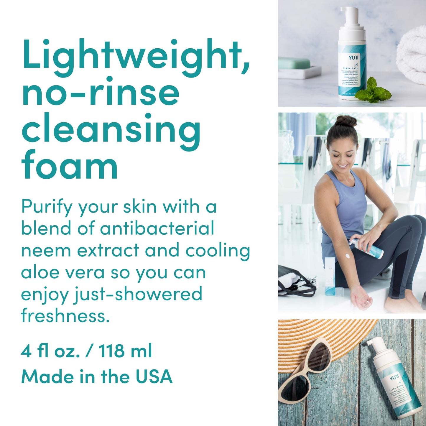 YUNI Beauty Waterless Body Wash (4 oz) - Rinse-Free Foaming Bath and Clean Body Wash Solution Instantly Remove Sweat, Dirt, Odor, Travel, Camping