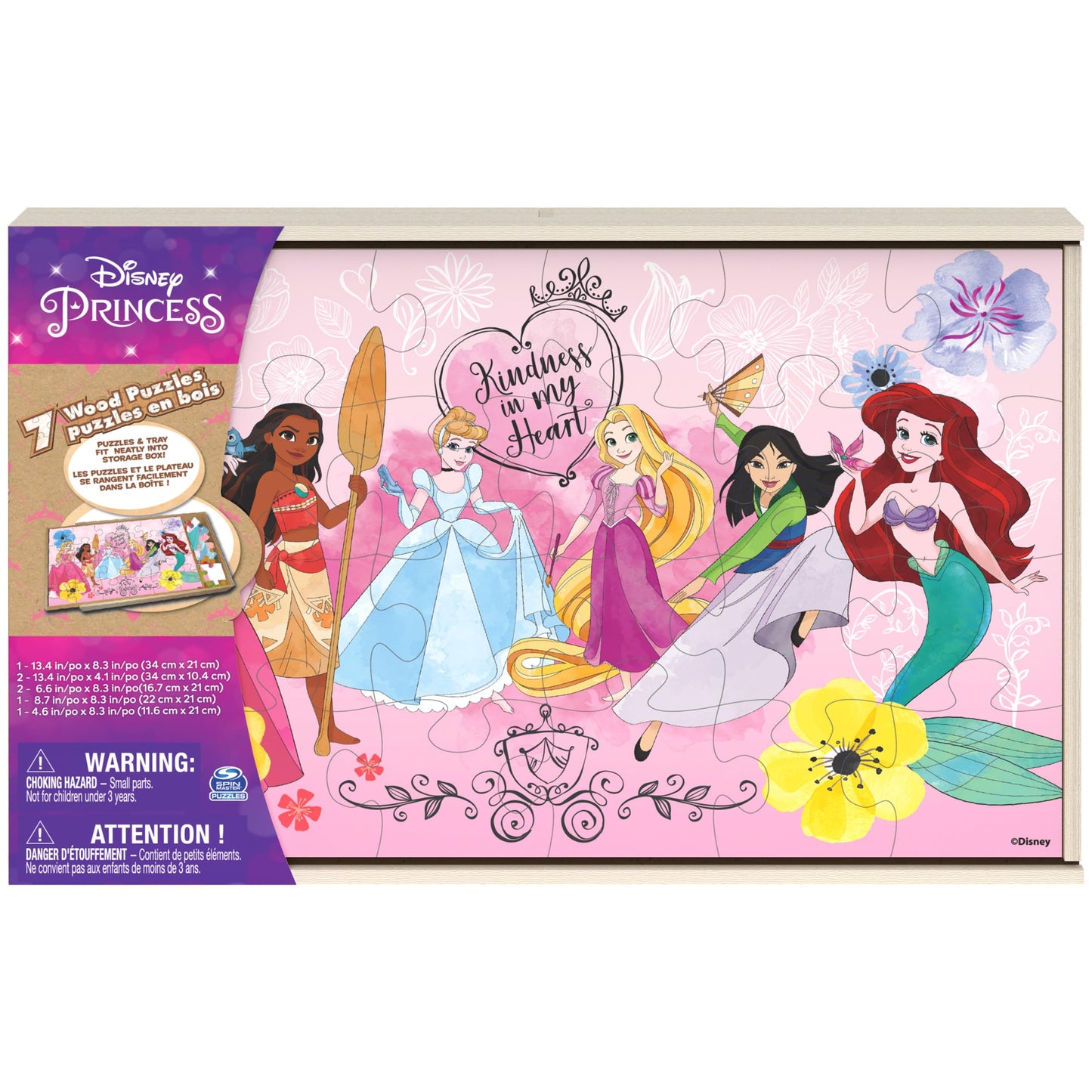Spin Master Disney Princess Puzzle Set, 7-Pack Jigsaw for Kids Ages 4+, 12/16/24 Piece Puzzles with Ariel, Rapunzel, Tiana & More, Storage Tray