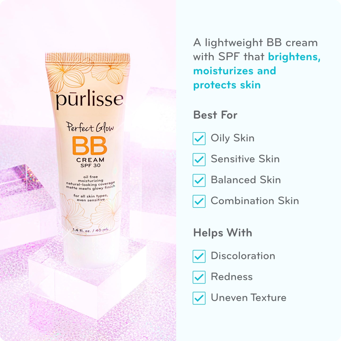 pūrlisse Perfect Glow BB Cream with SPF 30 - Matte Meets Dewy Finish - Enriched with Goji & Hawthorn