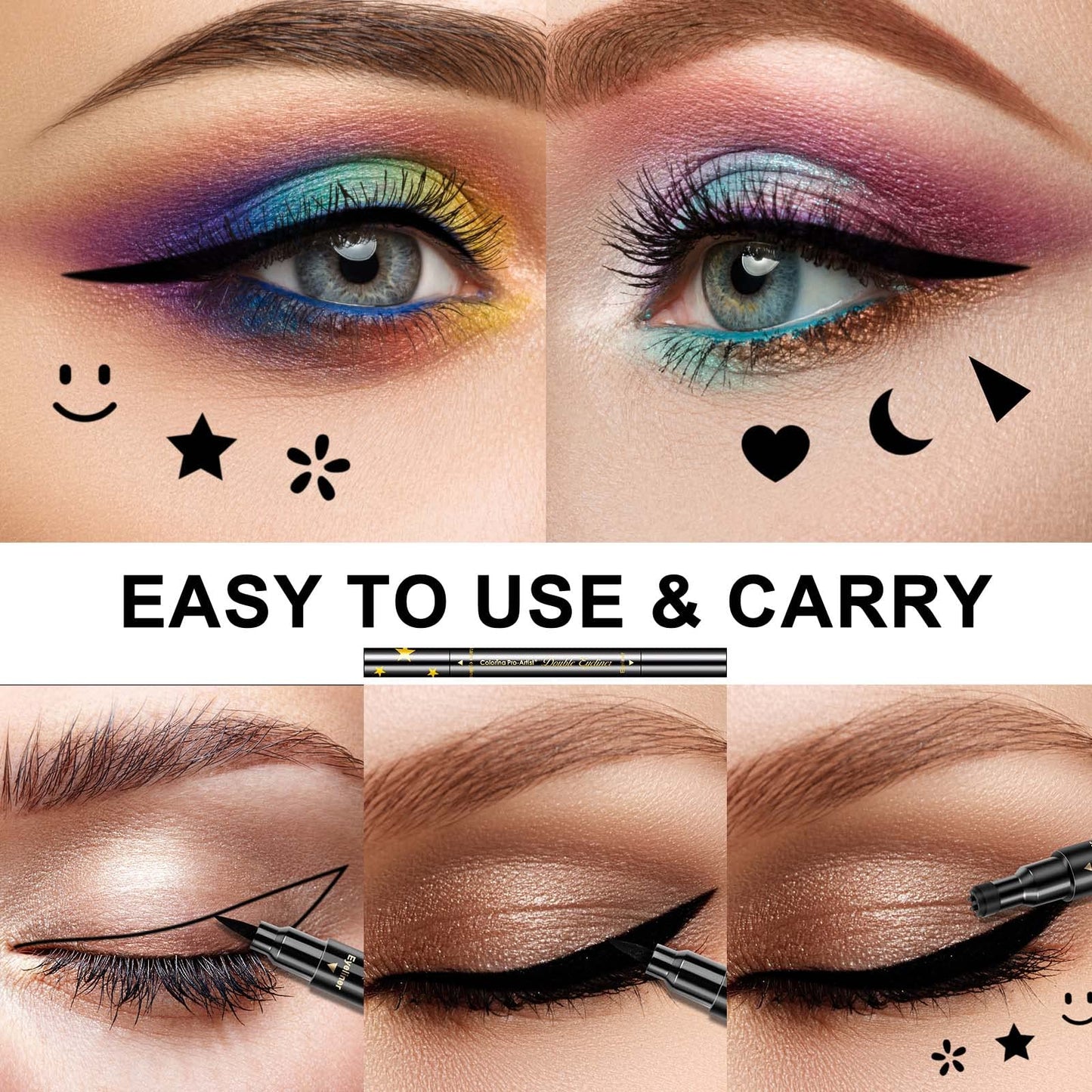 SUMEITANG 6 Pcs Double-headed Eyeliner Stamps Set Black Liquid Eye Liner Pen With Star,Moon,Heart,Flower,Smiley,Triangle Stamp Stencils Shapes