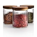 Mason & Fable Ribbed Glass Jar with Wooden Lid 17oz, Set of 3 | Airtight Fluted Storage Canisters for Food, Tea, Coffee, Candy/Spice | Organization…