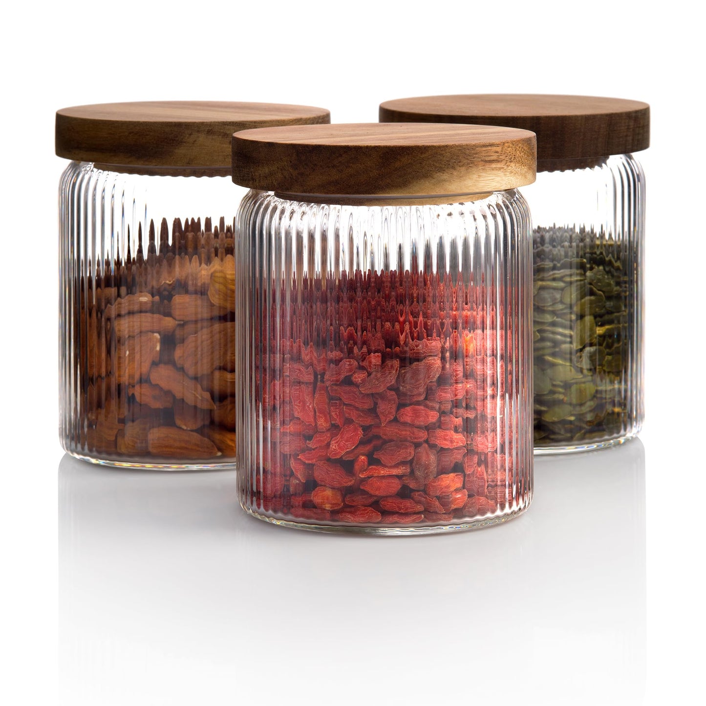 Mason & Fable Ribbed Glass Jar with Wooden Lid 17oz, Set of 3 | Airtight Fluted Storage Canisters for Food, Tea, Coffee, Candy/Spice | Organization…