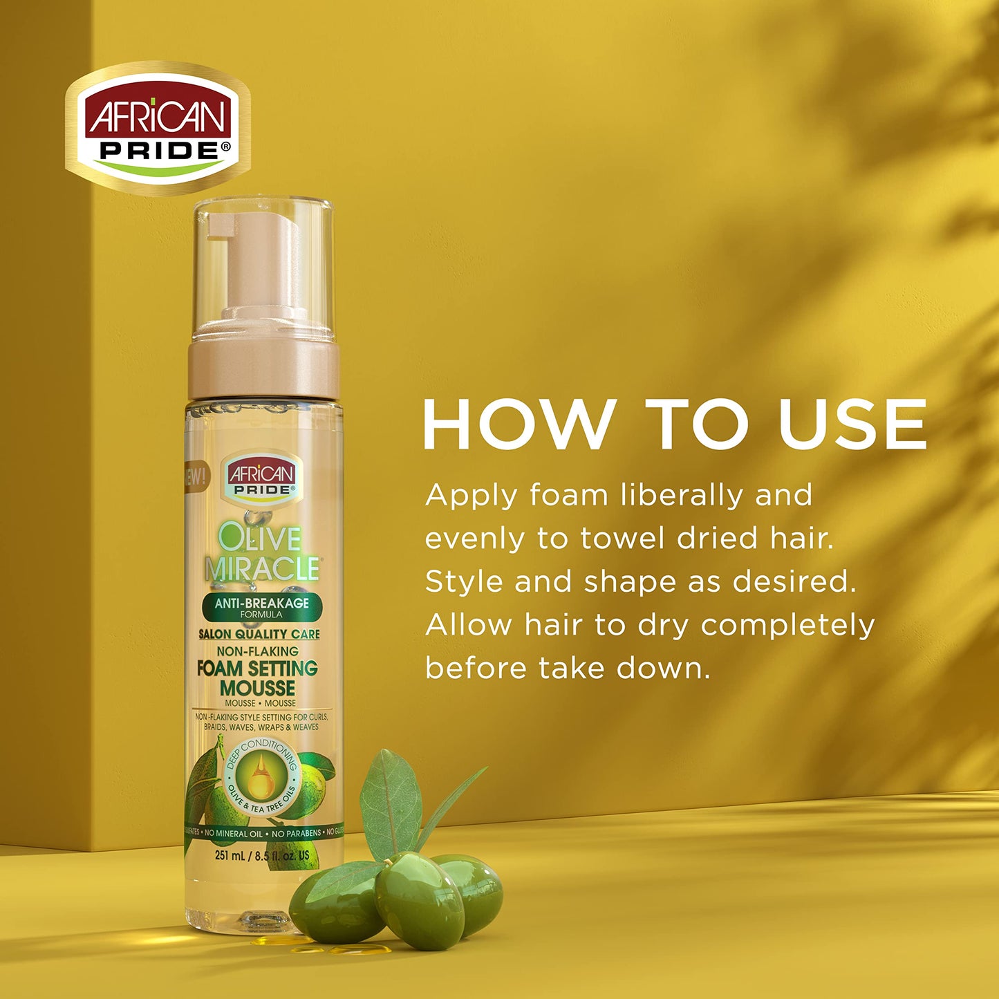 African Pride Olive Miracle Non-Flaking Foam Setting Hair Mousse, Long-Lasting Frizz & Shine Control for Curls, Braids, Weaves, Wigs, Waves & Wraps
