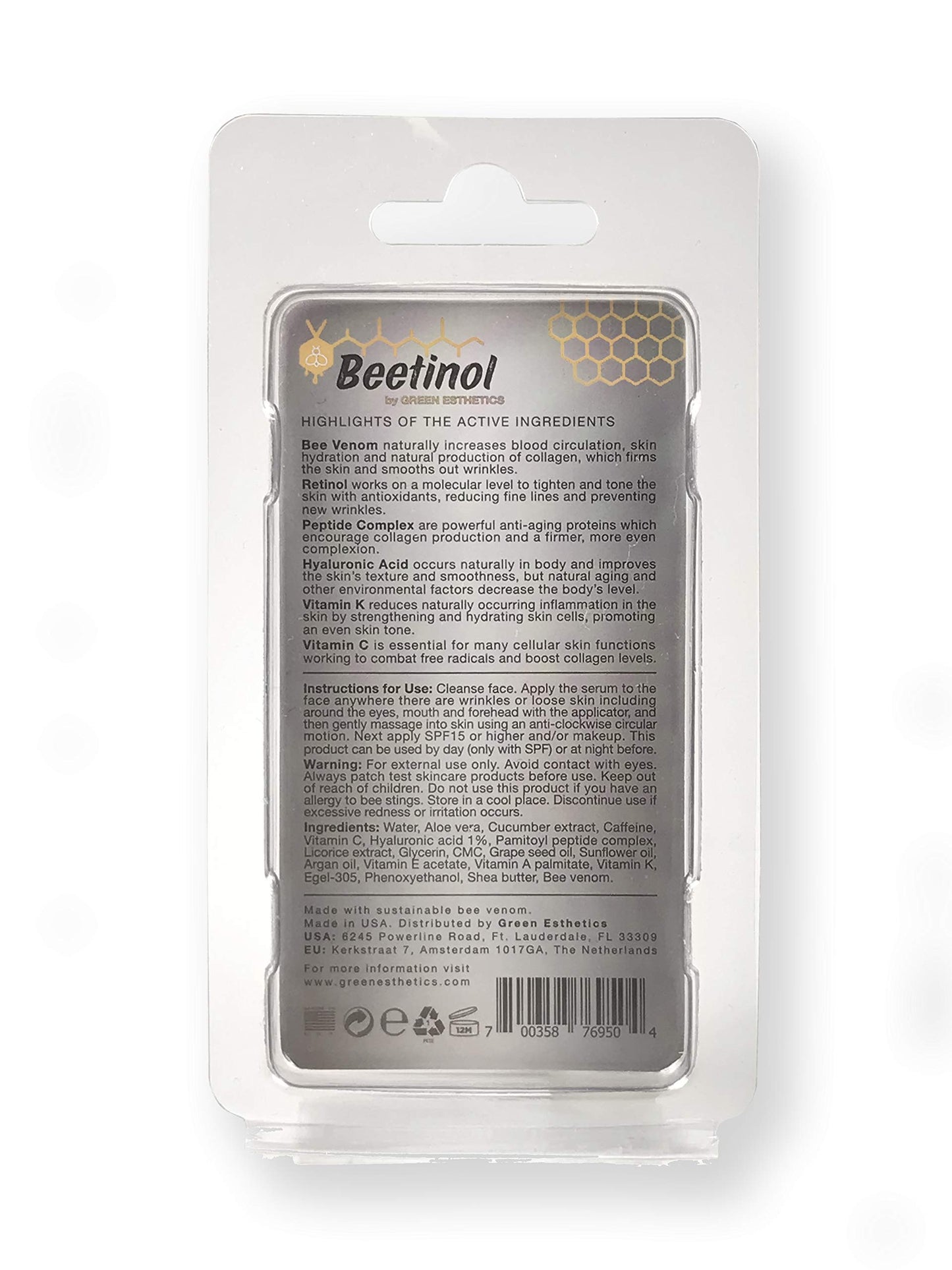 Green Esthetics Complete Night and Day Eye and Face Serum, 5ml Roller Applicator - Bee Venom, Retinol, Peptide, Hyaluronic Acid, Vitamin C, Wrinkles