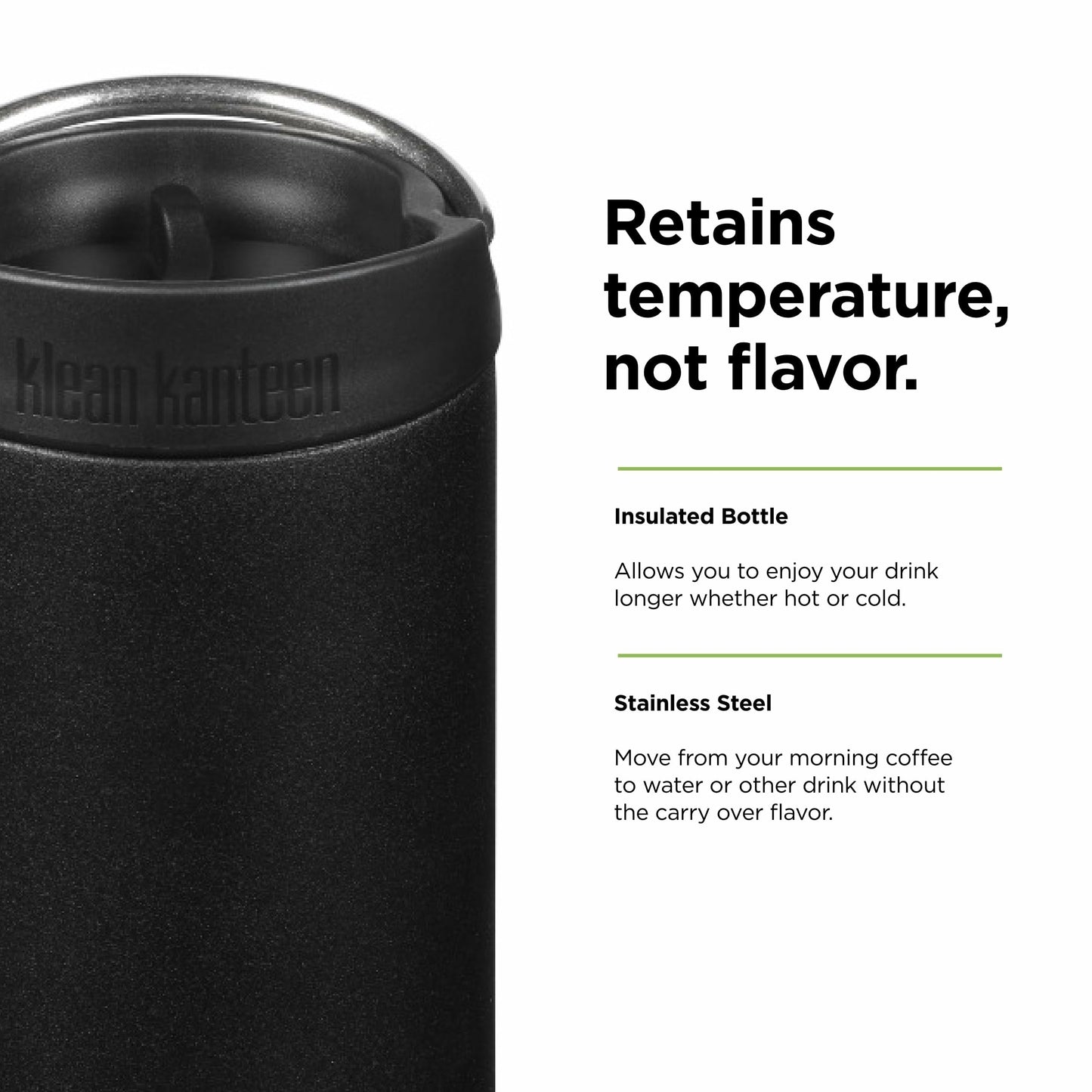Klean Kanteen TKWide Insulated Coffee Tumbler with Cafe Cap - Stainless Steel Water Bottle & Thermal Tumbler - Black, 16 oz