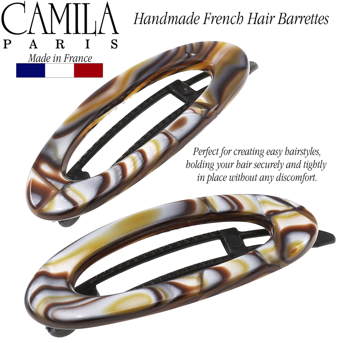 Camila Paris CP3367 French Hair Barrette Clip for Women, Handmade, Onyx, Side Slide-in Metal-Free Closure Strong Hold Grip Hair Clips for Girls, No