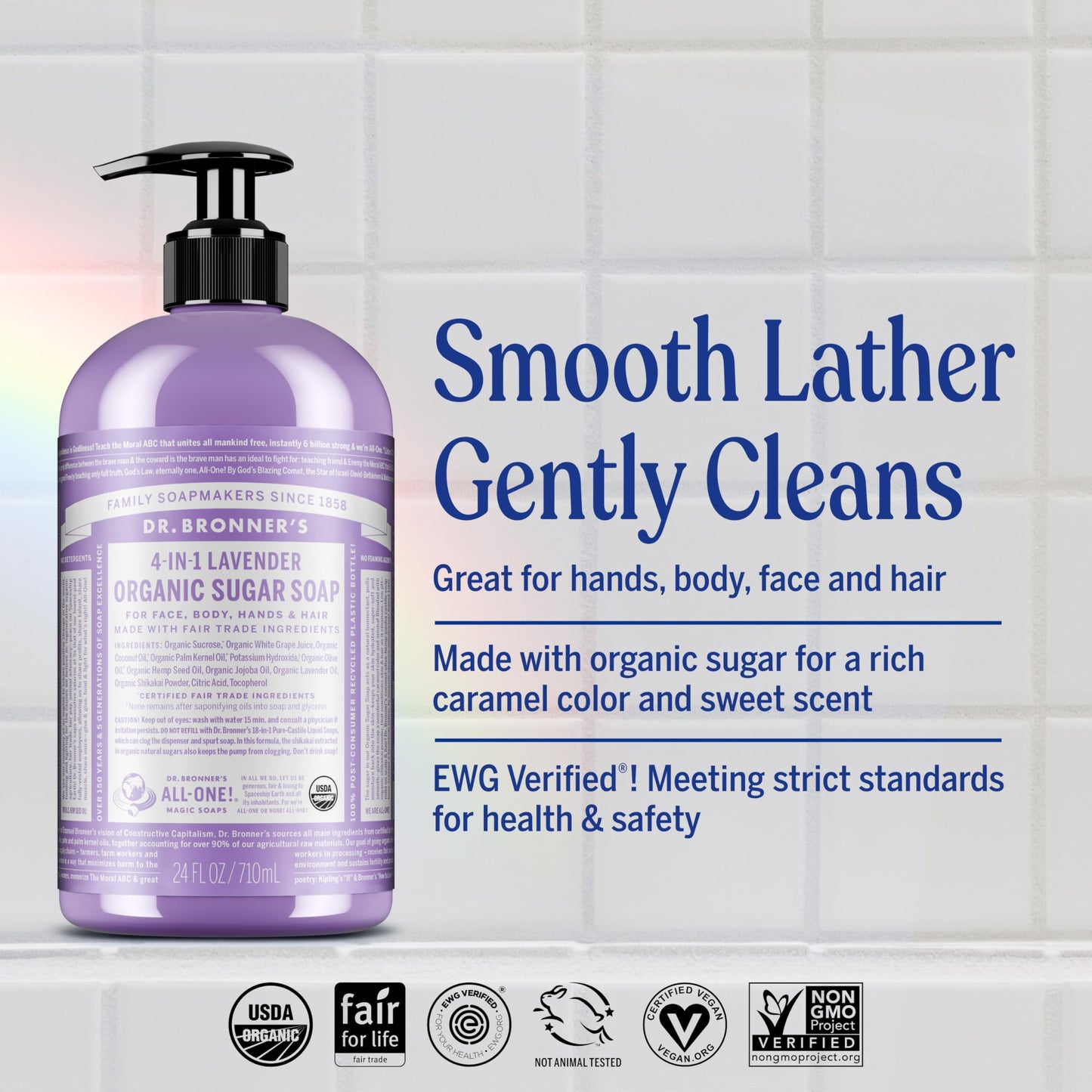 Dr. Bronner's - Organic Sugar Soap (Lavender, 24 Ounce) - Made with Organic Oils, Sugar and Shikakai Powder, 4-in-1 Uses: Hands, Body, Face and Hair