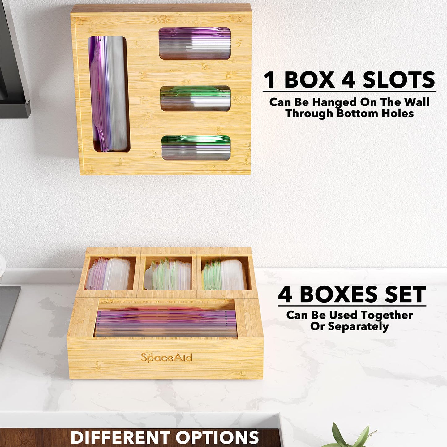SpaceAid Bag Storage Organizer for Kitchen Drawer, Bamboo Organizer, Compatible with Gallon, Quart, Sandwich and Snack Variety Size Bag (1 Box 4Slots)