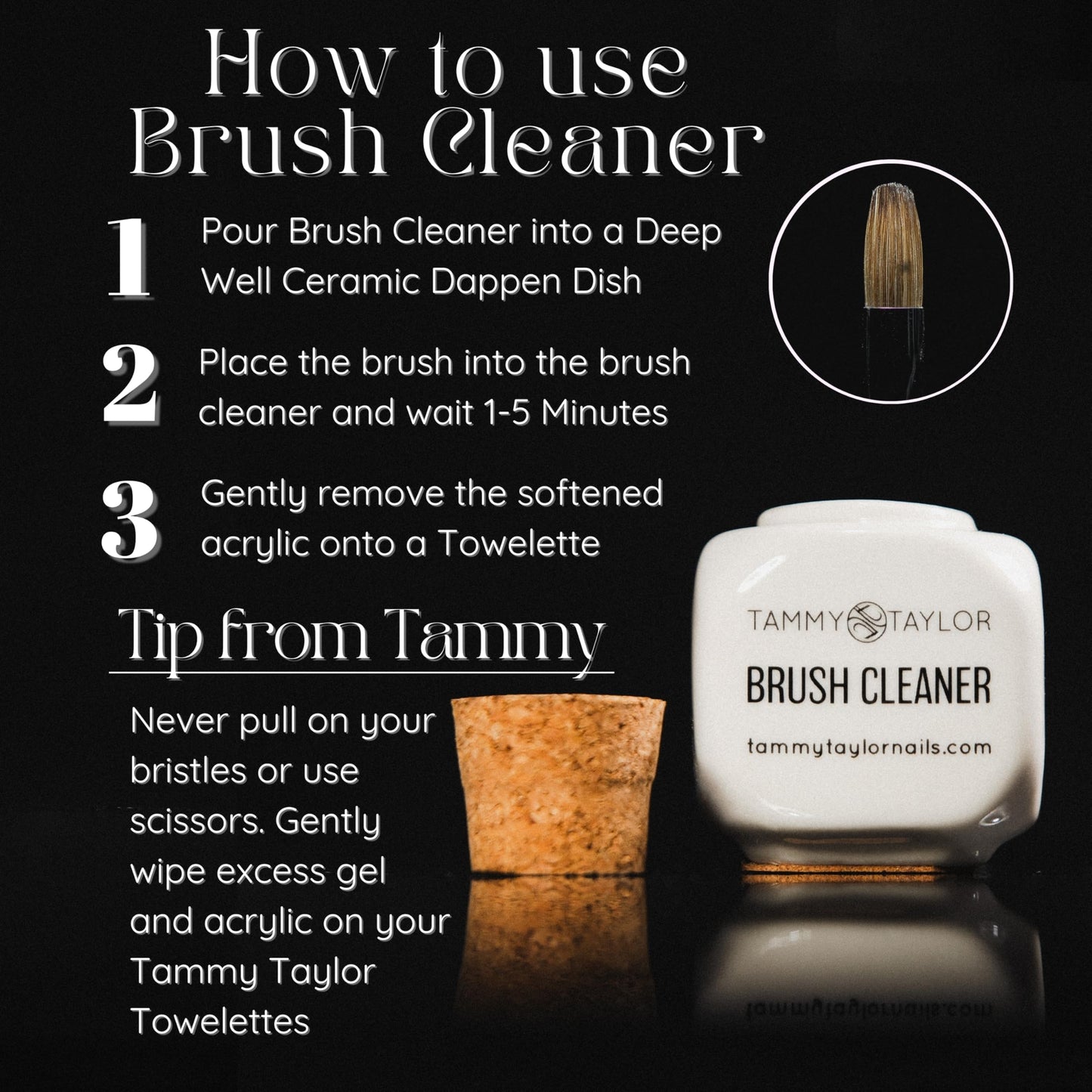 Tammy Taylor Acrylic Nail Brush Cleaner Liquid, Removes Solid Gel Nail Polish, Acrylic Dip Powder, All-in-One Poly Gel Slip Solution + Kolinsky Sable