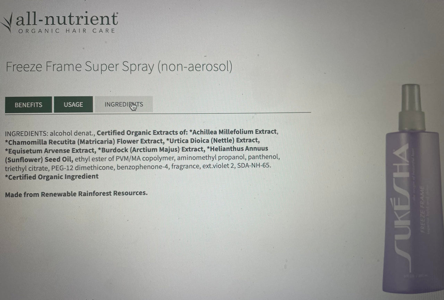 Sukesha Freeze Frame Hair Spray 8.5 Oz