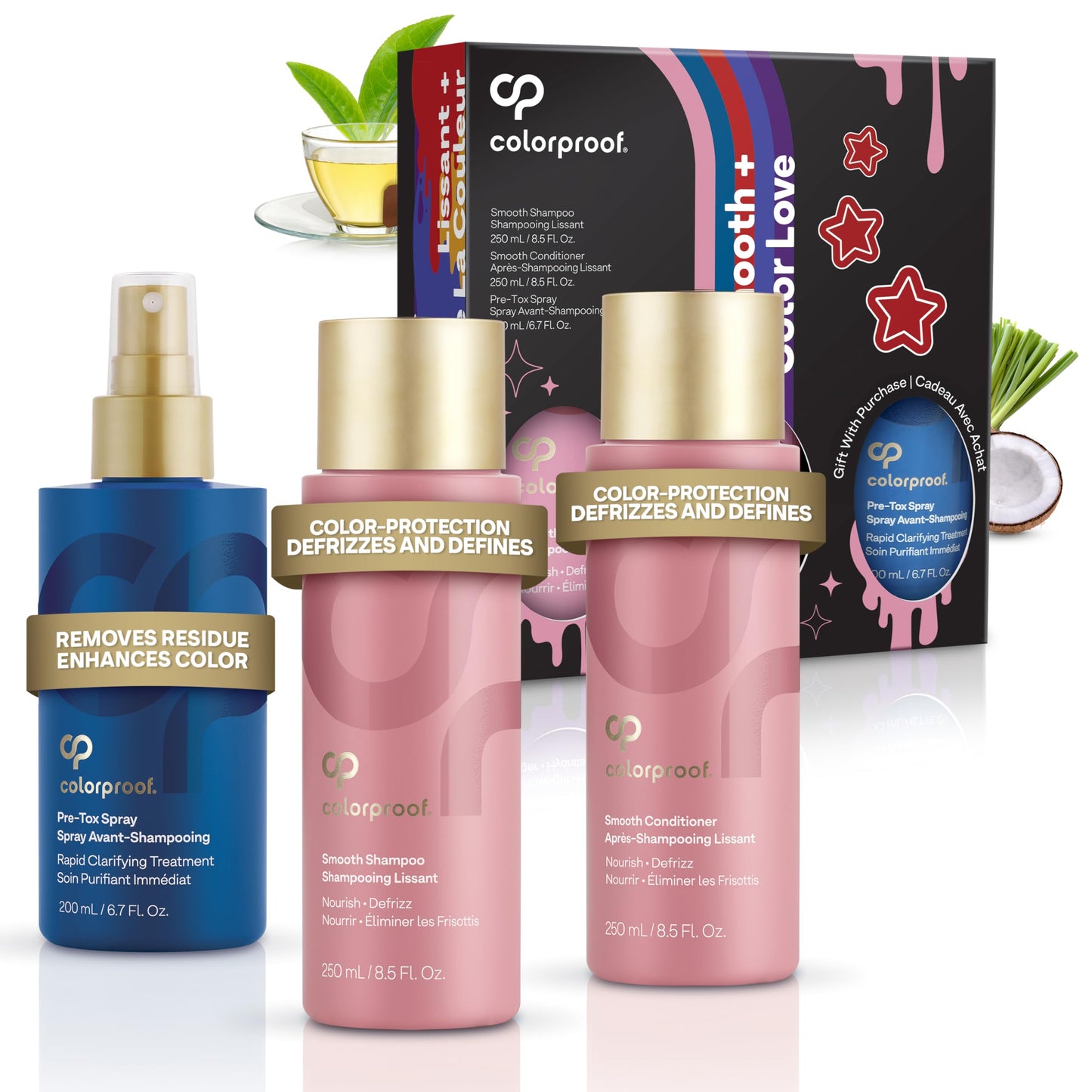 Colorproof Smooth Gift Set - Smooth Shampoo and Conditioner (8.5 Fl. Oz.) with Pre-Tox Spray (6.7 Fl. Oz.) - Color Safe Shampoo and Conditioner Set