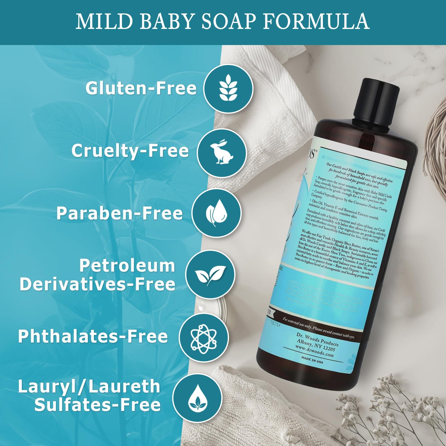 Dr. Woods Unscented Baby Mild Liquid Castile Soap - Gentle Cleanser Made with Organic Shea Butter, Natural Soap for Sensitive Skin, Paraben, Sulfate