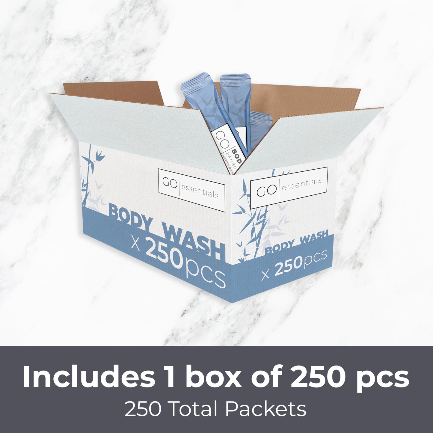 GO Essentials Travel Size Single Use Body Wash Packets - TSA Friendly, Bulk Supplies for Airbnb Essentials, Shelters & Hotels (250 Packets)