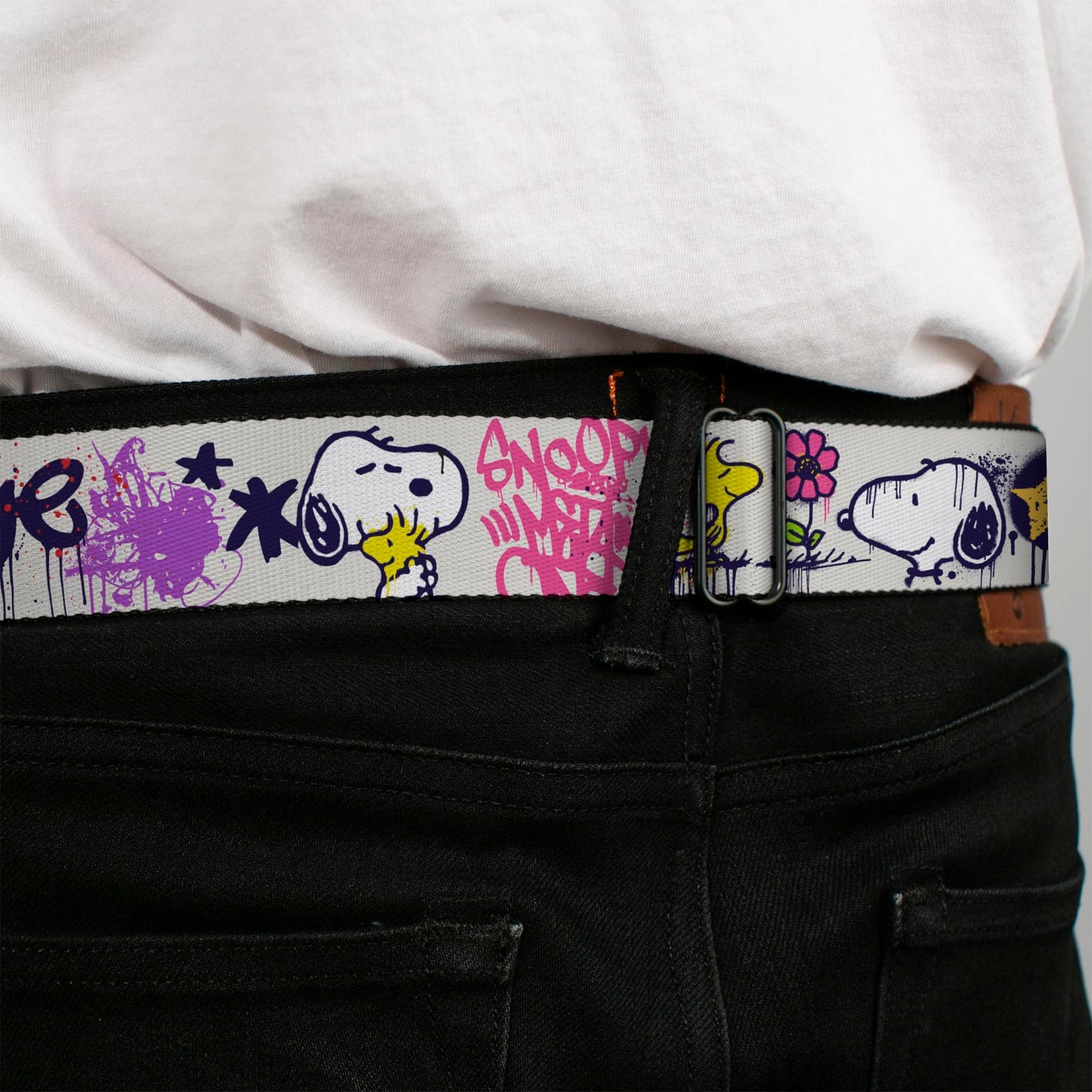 Peanuts Belt, Seatbelt Buckle Belt, Peanuts Snoopy and Woodstock Graffiti Collage Multi Color, Youth 20 to 36 Inches