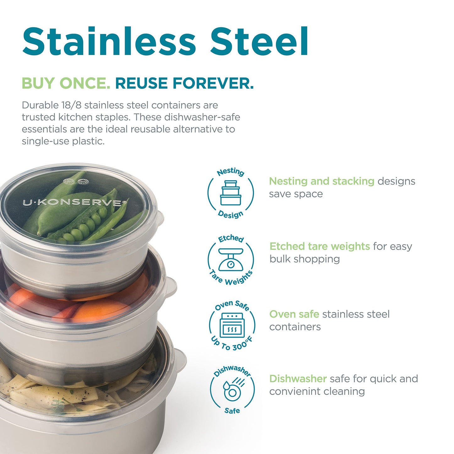 U Konserve Stainless Steel Round Food Storage Bento Box Container, Leak Proof Silicone Lid Dishwasher Safe - Plastic Free, 9oz