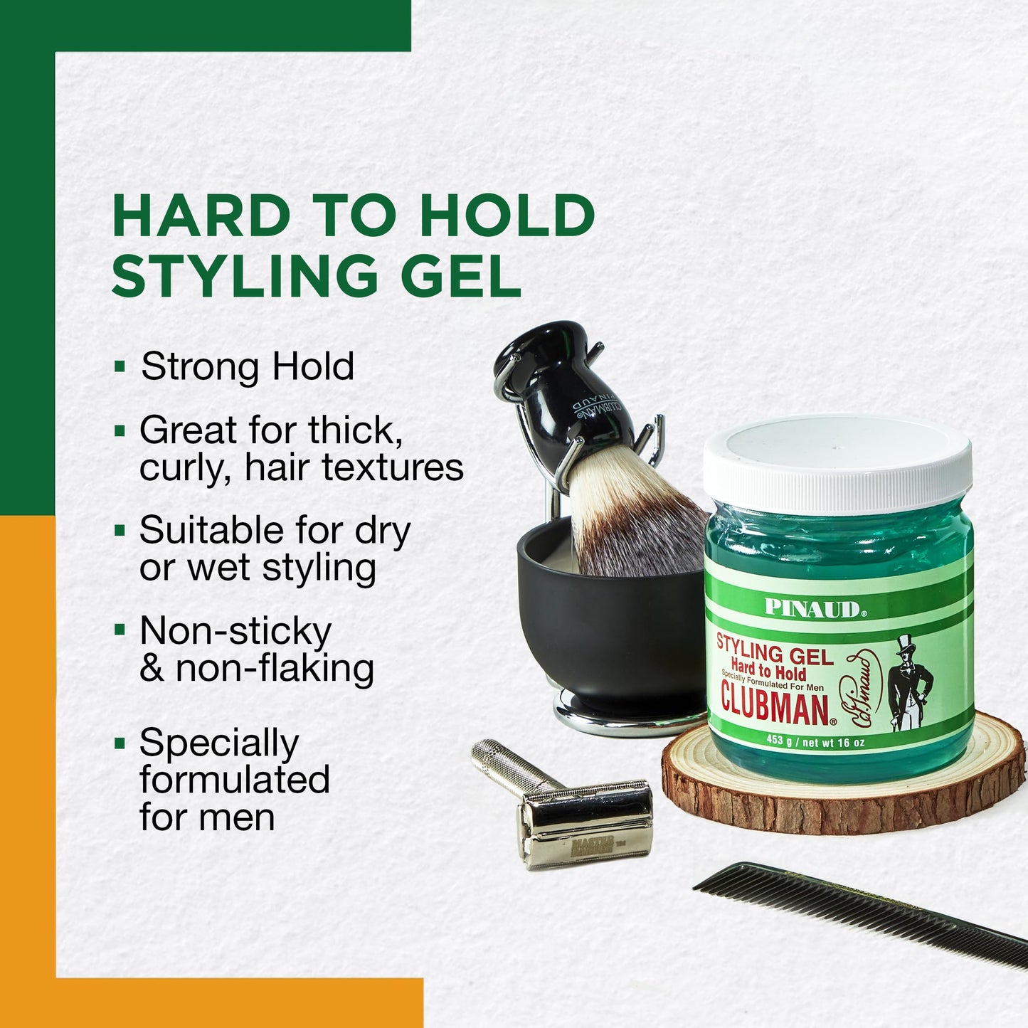 Clubman Pinaud Hair Styling Gel - Hard to Hold & High Shine Hair Gel for Men, Alcohol-Free Formula, Men's Grooming, 16 oz