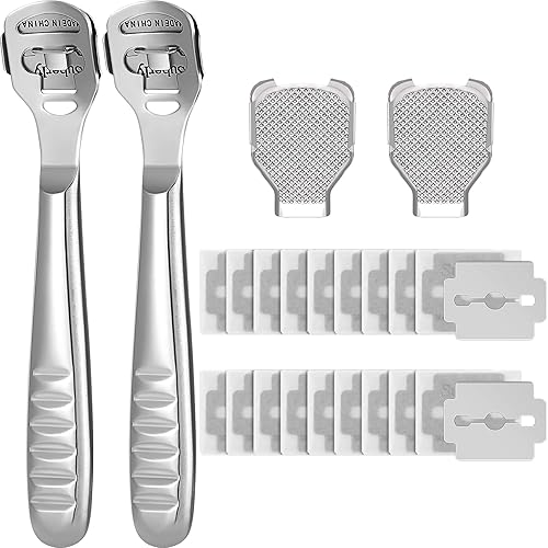 24 Pieces Callus Shaver Set, 20 Replacement Slices Blades 2 Callus Shavers and 2 Foot File Head Foot Care Tools Steel Handle Hard Skin Remover