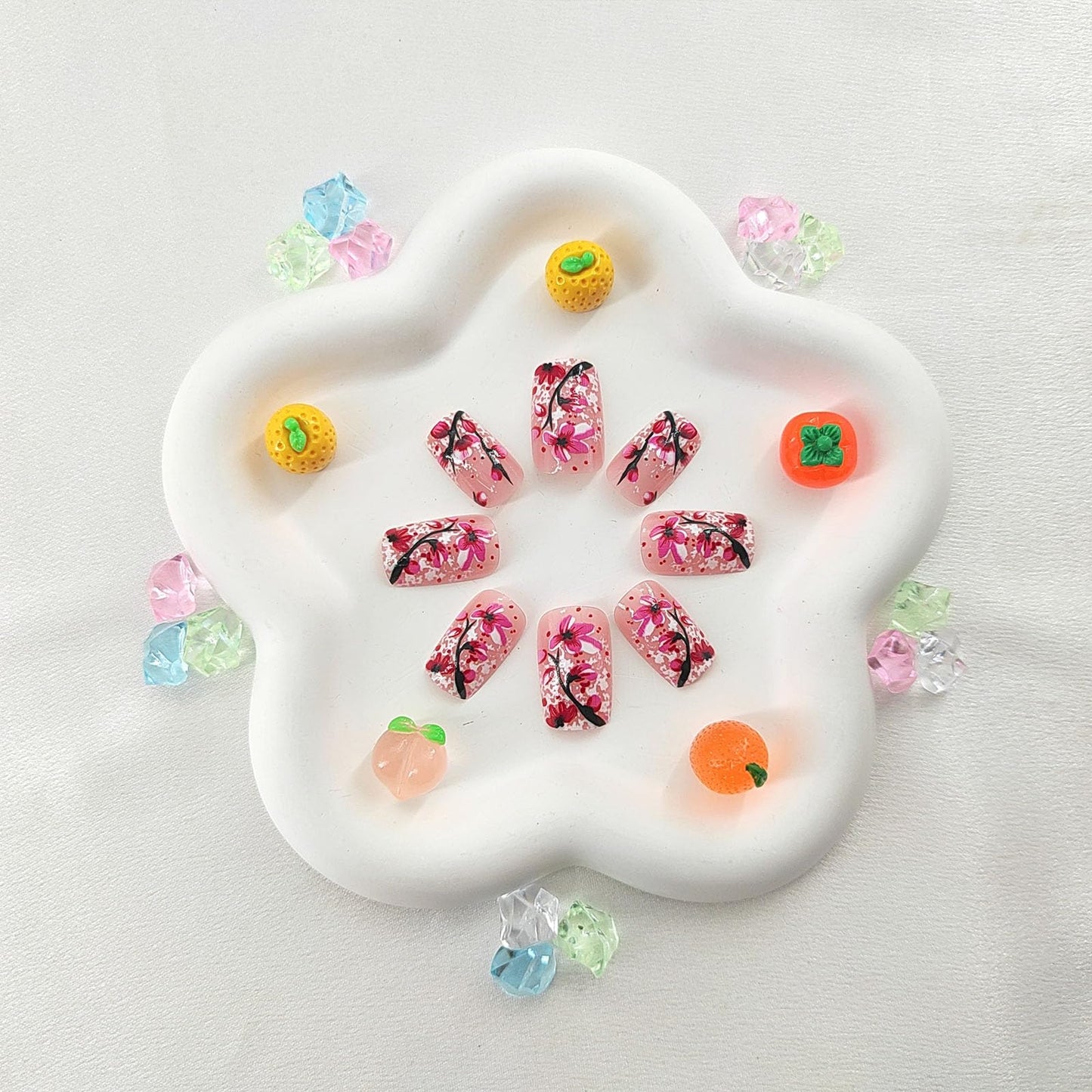 Medium Press on Nails Square Acrylic Nails Press ons Pink Full Cover Fake Nails with Plum Blossom Design Snow Glue on Nails Glossy False Nails Winter Beauty and Personal Care SRIMNUYY