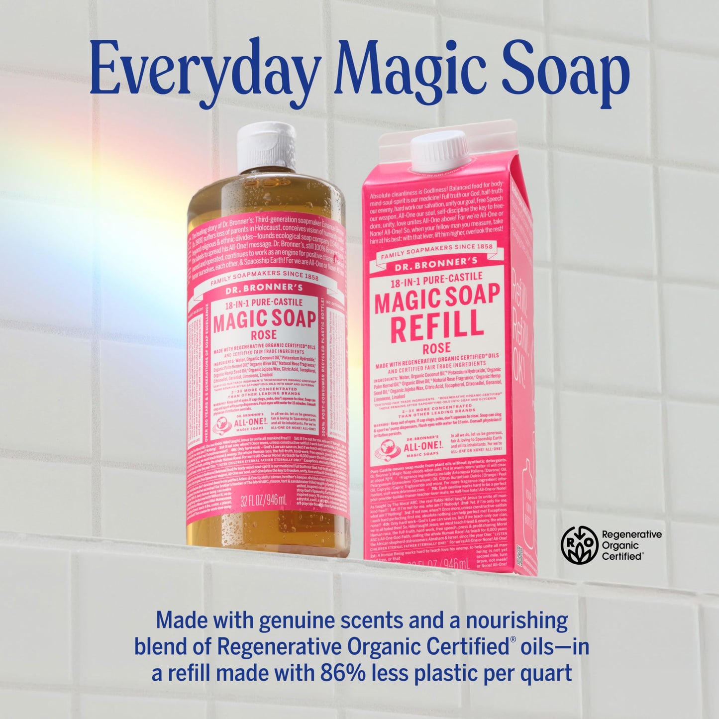 Dr. Bronner's Magic Soap-Pure-Castile Liquid Soap Refill (Rose 32 ounce, 1-Pack)-Regenerative Organic Certified Oils, For Body, Hair, Laundry, Pets