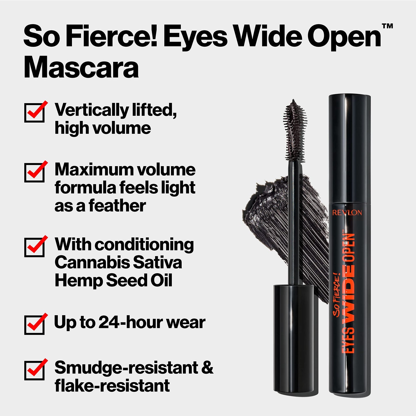 Revlon So Fierce Eyes Wide Open Mascara with Push-up Brush, For Volumizing & High Lifting Eyelashes, Smudge-proof, Flake Resistant, 101 Blackest