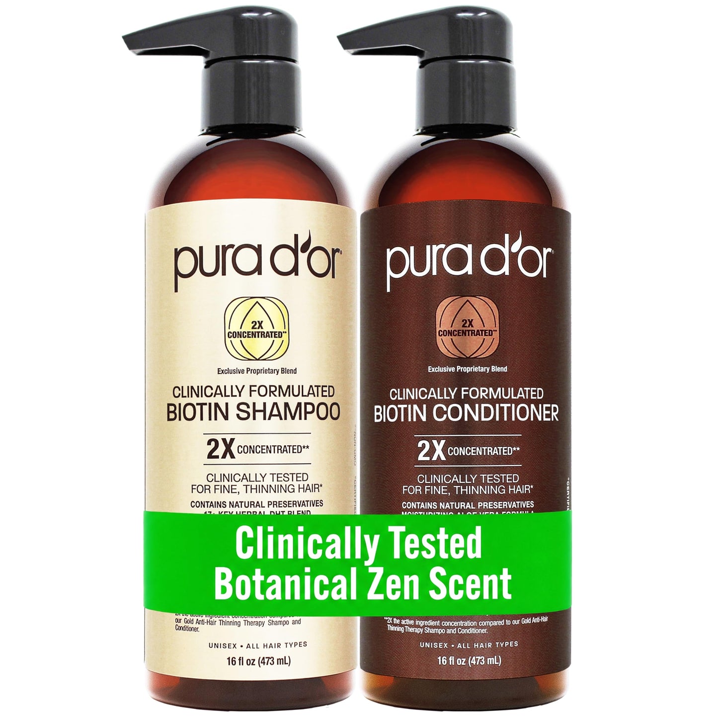 PURA D'OR Clinically Formulated Biotin Shampoo & Hair Regrowth Conditioner For Hair Thinning - 2X Concentrated Proprietary Thickening Blend For Women