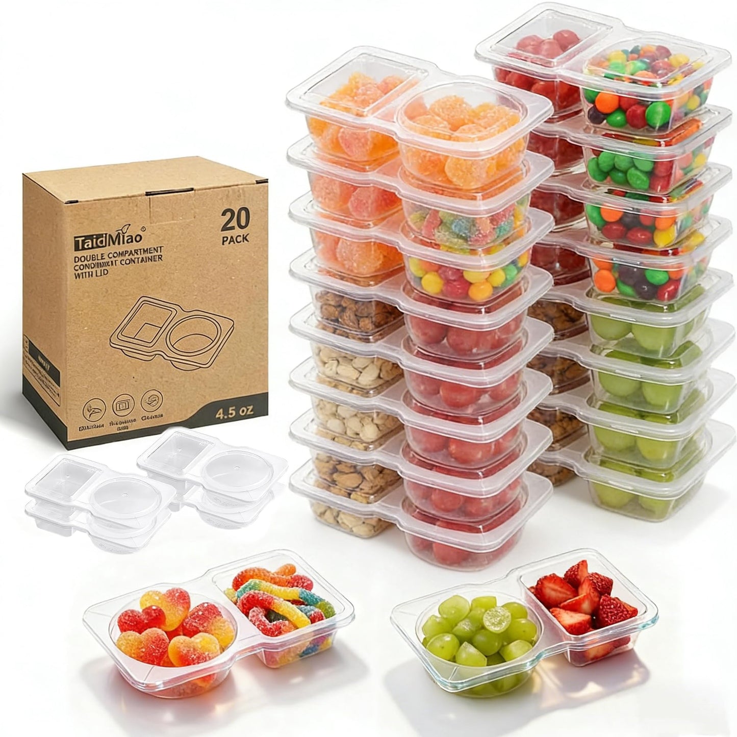 TaidMiao Reusable Snack Containers Compartment with Lids - 20 Sets Snack Containers, Double Snackle Box Compartment Condiment Containers, Snack Box…