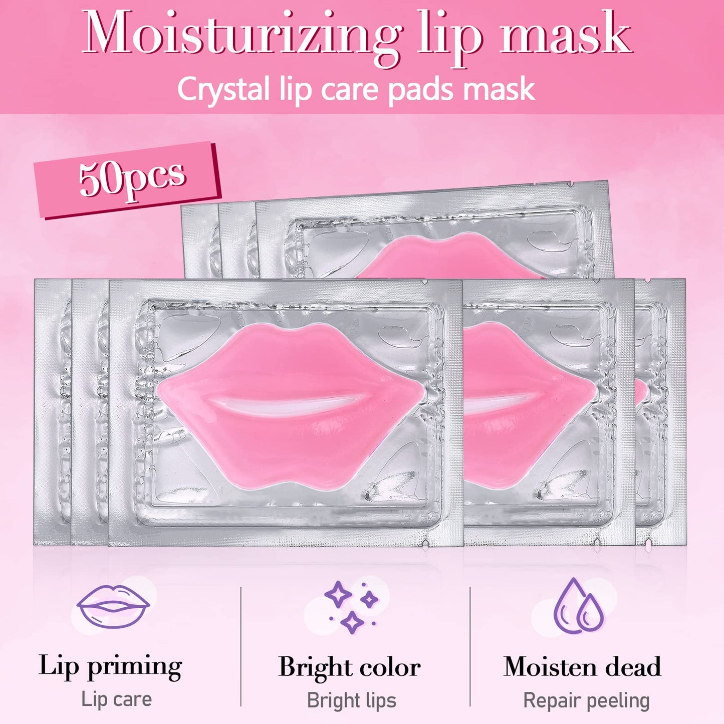 Kipeber 50PCS Lip Mask Sheet,Collagen Crystal Lip Masks,Pink Lip Care Pads Mask for Moisturizing Nourishing,Anti-Aging & Anti-Wrinkle,Lip Gel Patches