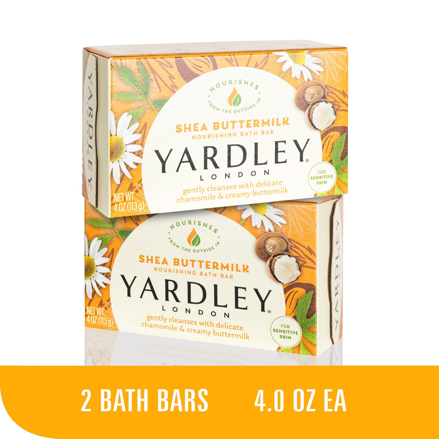 Yardley London Nourishing Bath Soap Bar Shea Buttermilk for Sensitive Skin, Gently Cleanses with Delicate Chamomile & Creamy Buttermilk, 4.0 oz Bath