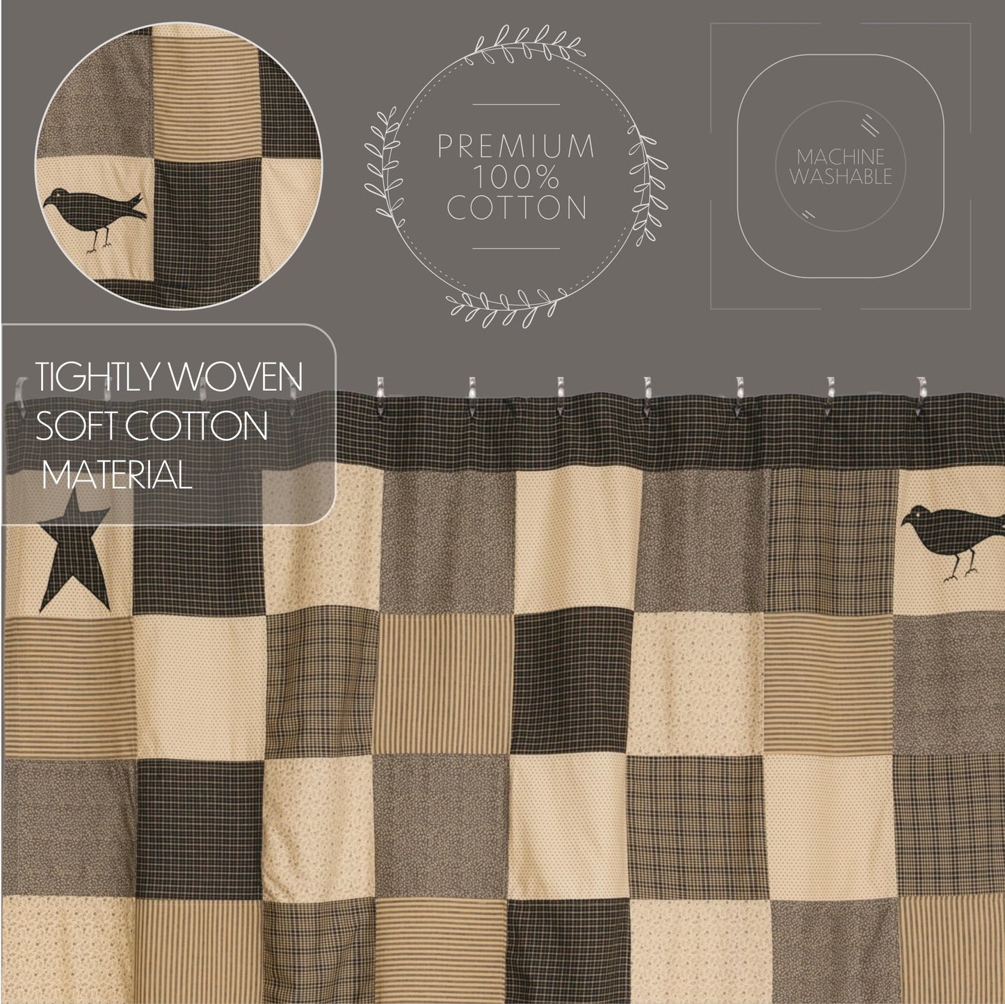 VHC Brands Kettle Grove, Primitive, Bath Decor, Shower Curtain, 72x72