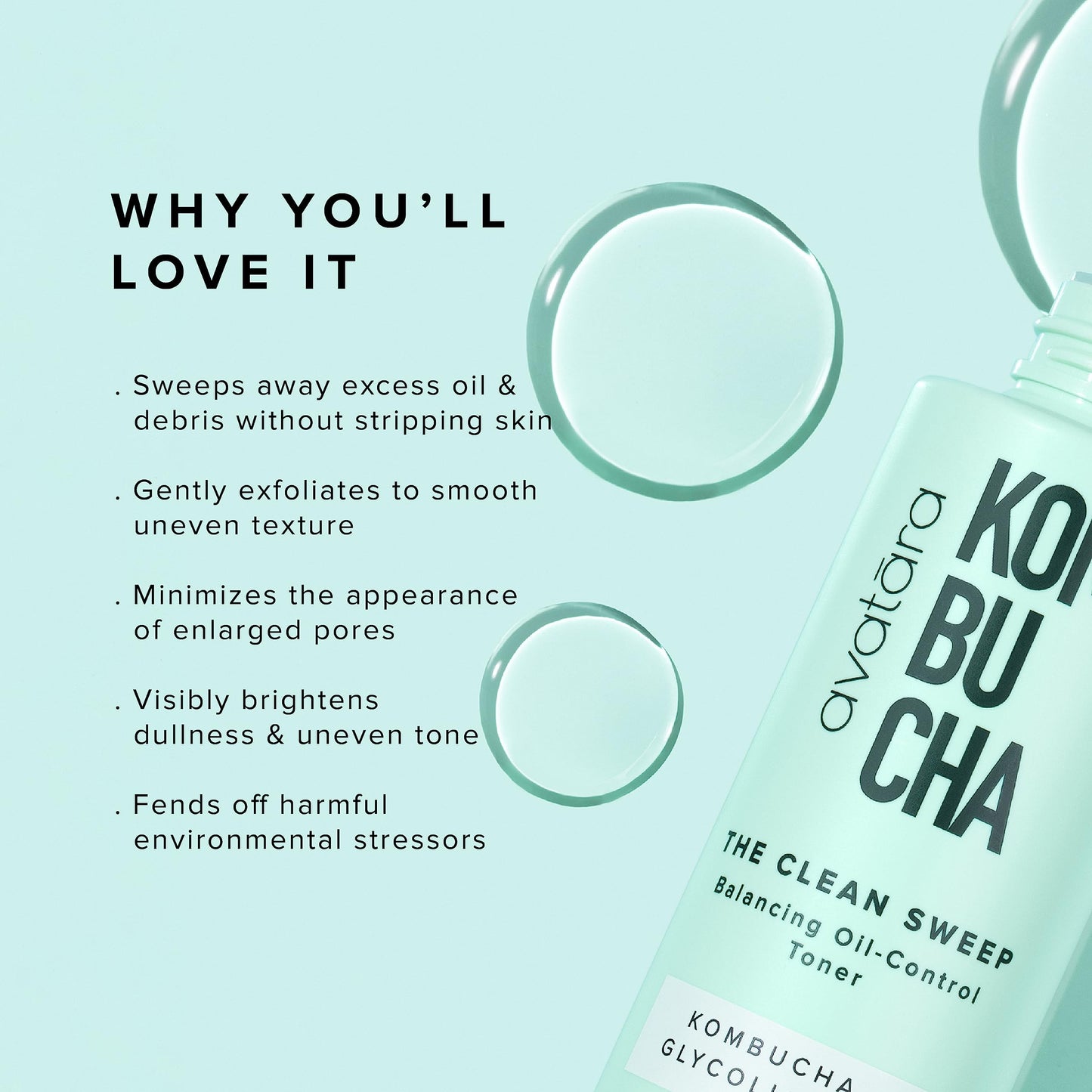 Avatara - Kombucha The Clean Sweep Face Toner, Glycolic Acid Toner for Face, Face Exfoliator with Witch Hazel and Bakuchiol, Calming Pore Minimizer