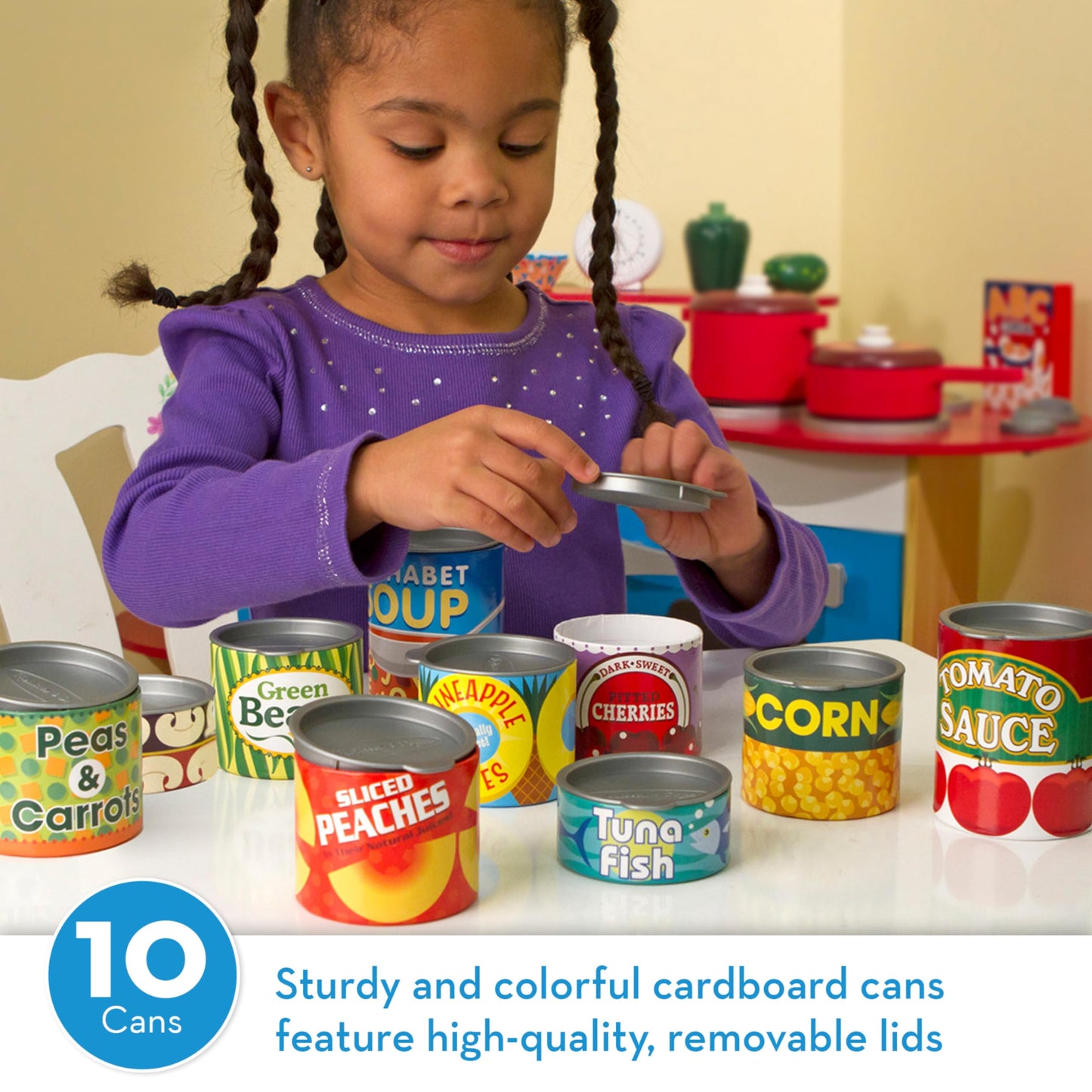 Melissa & Doug Let's Play House! Grocery Cans Play Food Kitchen Accessory - 10 Stackable Cans with Removable Lids