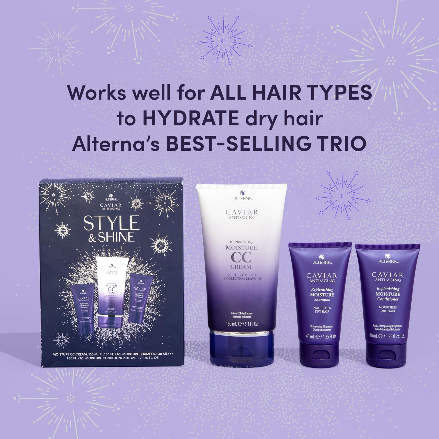 CAVIAR Anti-Aging Style & Shine Replenishing Moisture Gift Set |CC Cream 5.1oz, Travel Size Moisture Shampoo and Conditioner Set | Leave-In Hair