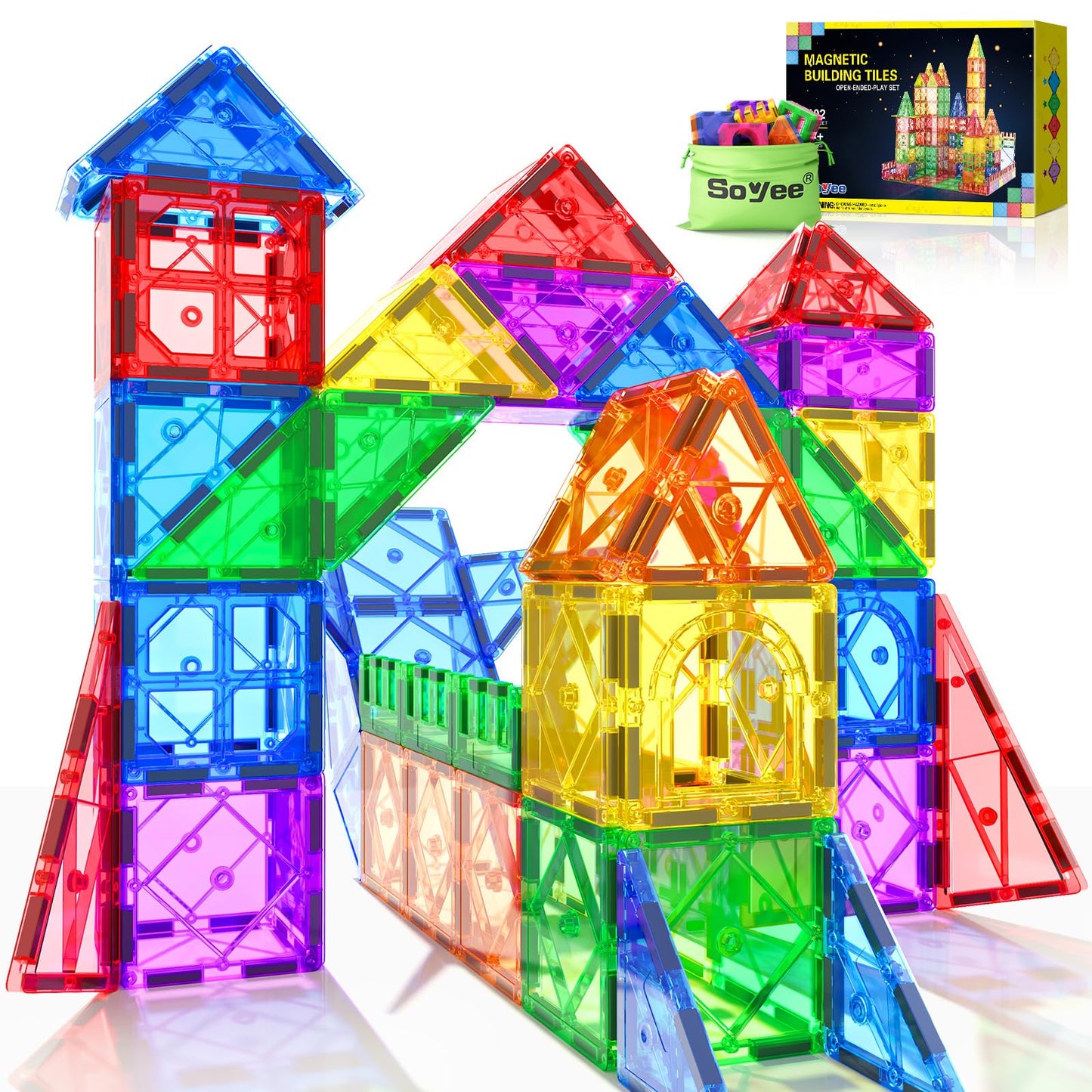 52pcs Magnetic Tiles – STEM Building Blocks Montessori Sensory Toys for Toddlers & Kids, Educational Magnet Set for Boys & Girls Age 3+