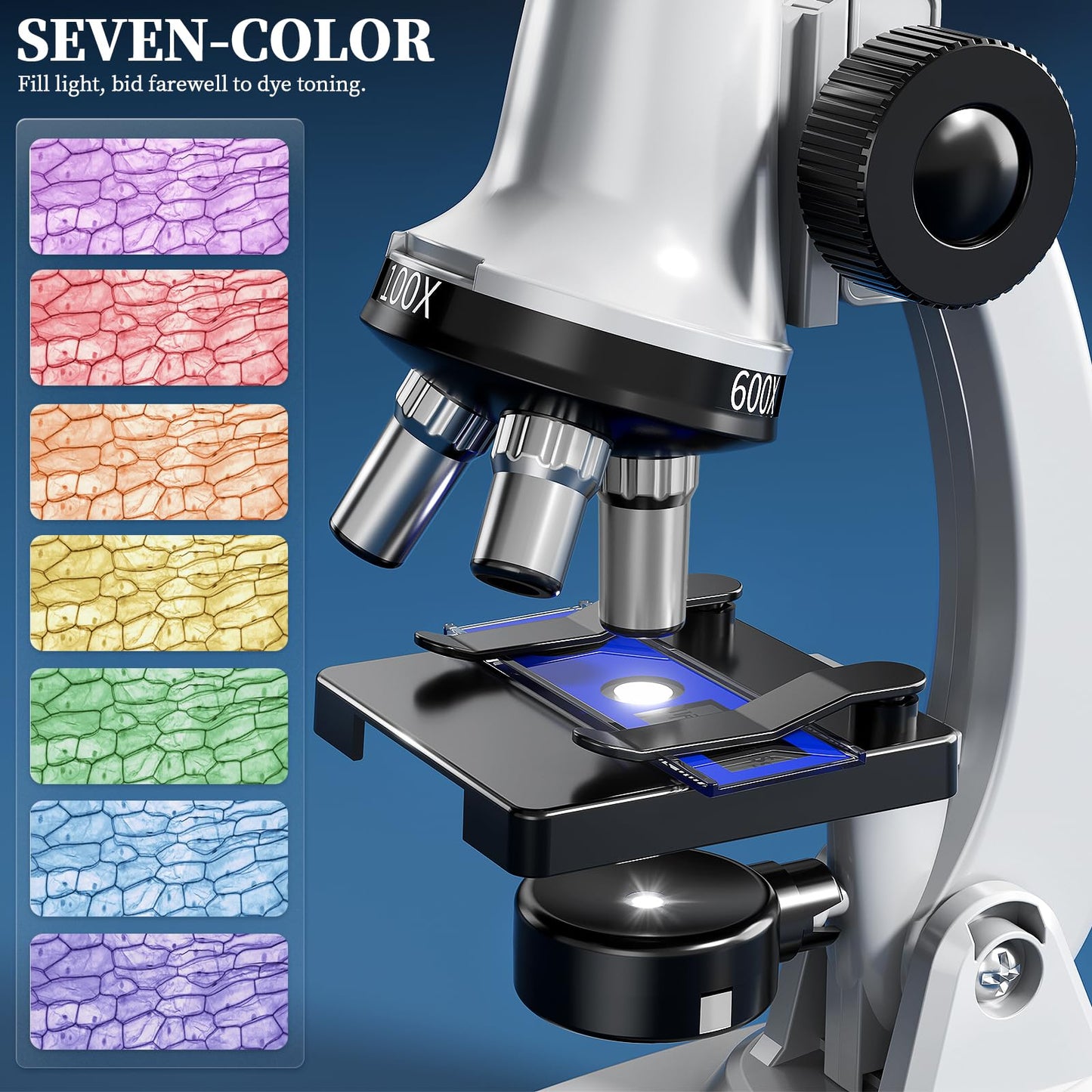 Novaluki 65PCS Kids Microscope Kit – 100x-1200x Magnification with 7 LED Colors & 12 Slides, STEM Science Set for Boys & Girls Ages 5–12