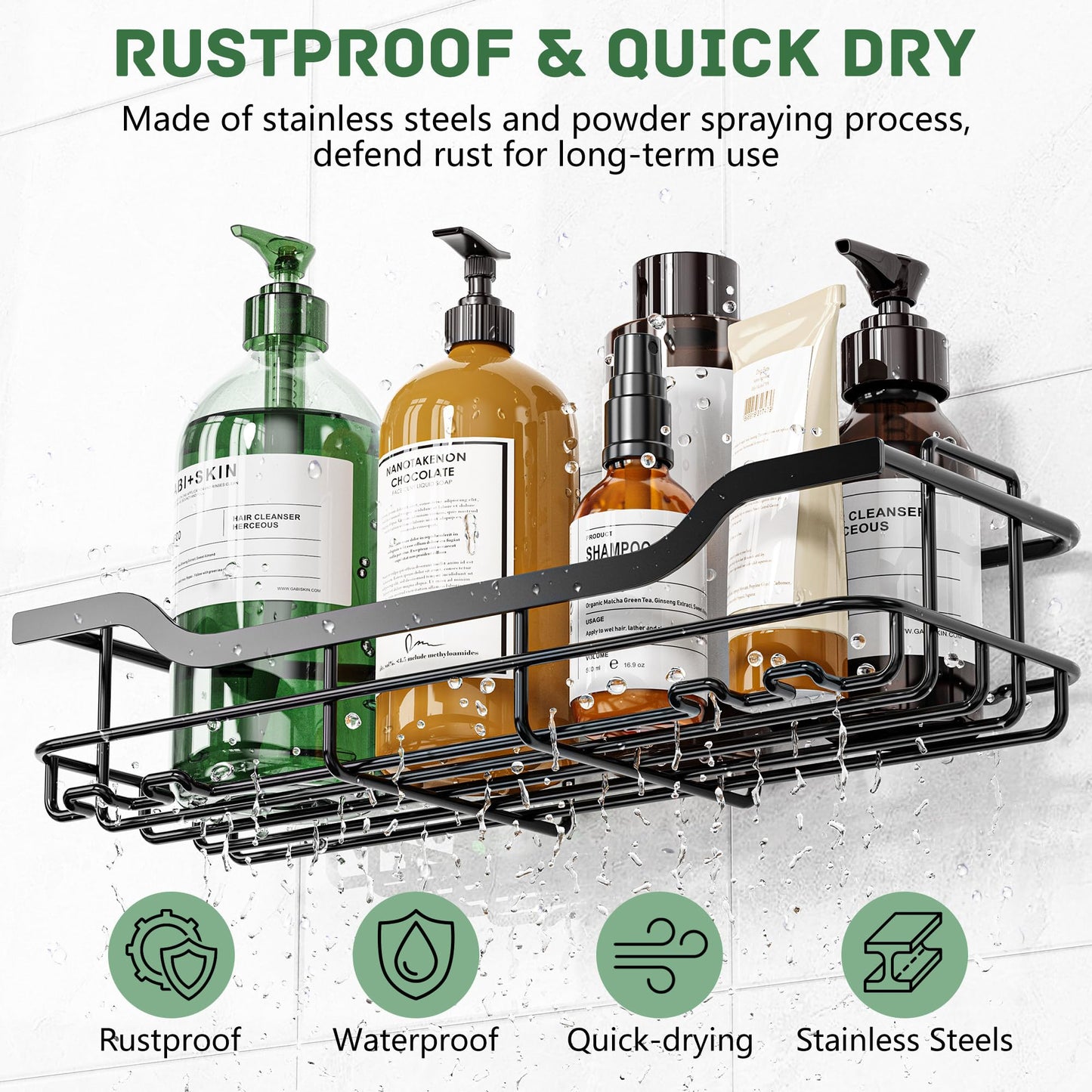 OMAIRA 3-Pack Shower Caddy Set – No-Drill Adhesive Bathroom Organizer with Soap Holder, Rustproof Storage Rack – Black, Large