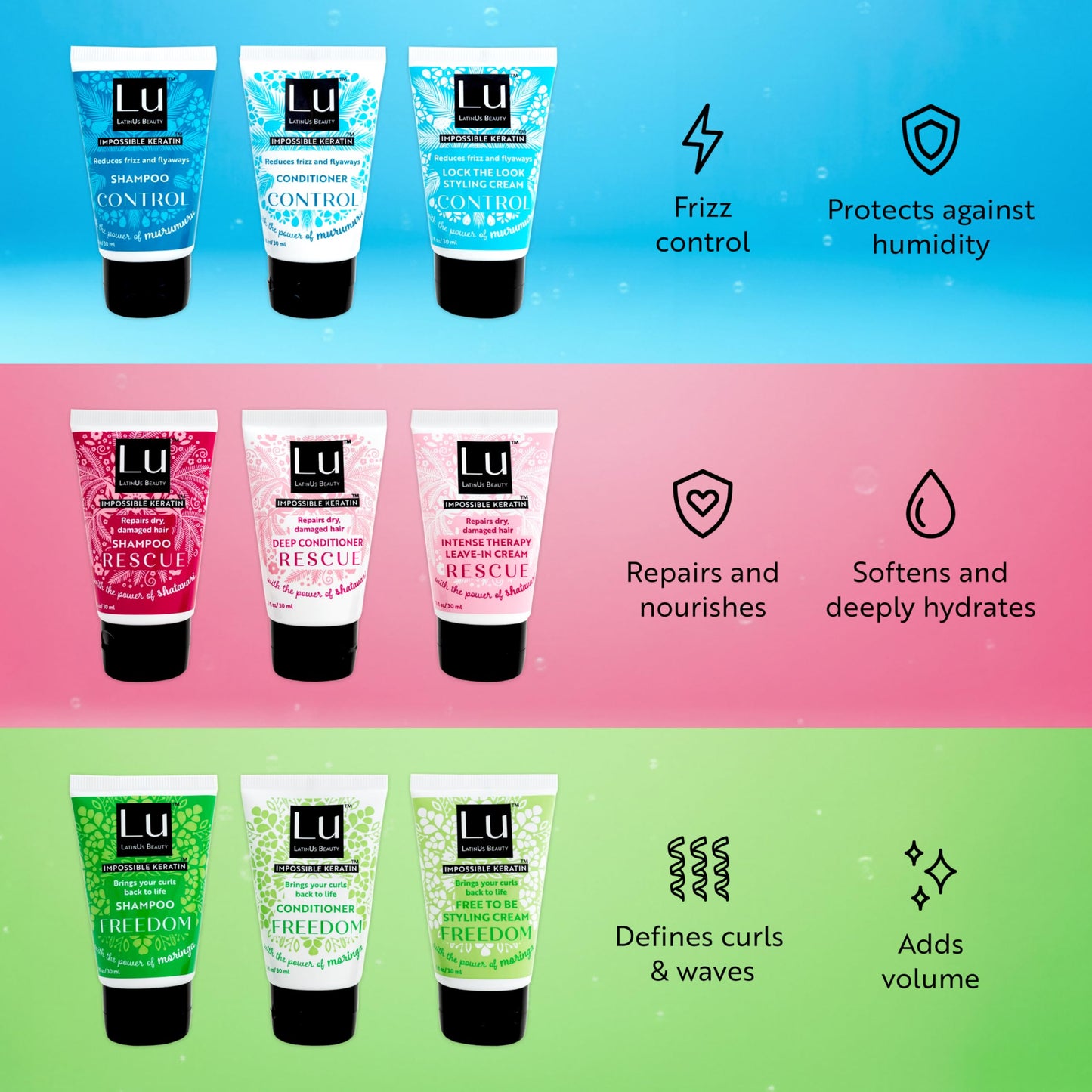 Lu by LatinUs Beauty Total Travel Size Collection | Shampoo, Conditioner & Styling Cream with Impossible Keratin, Anti Frizz, Dry, Damaged, Curly Hair