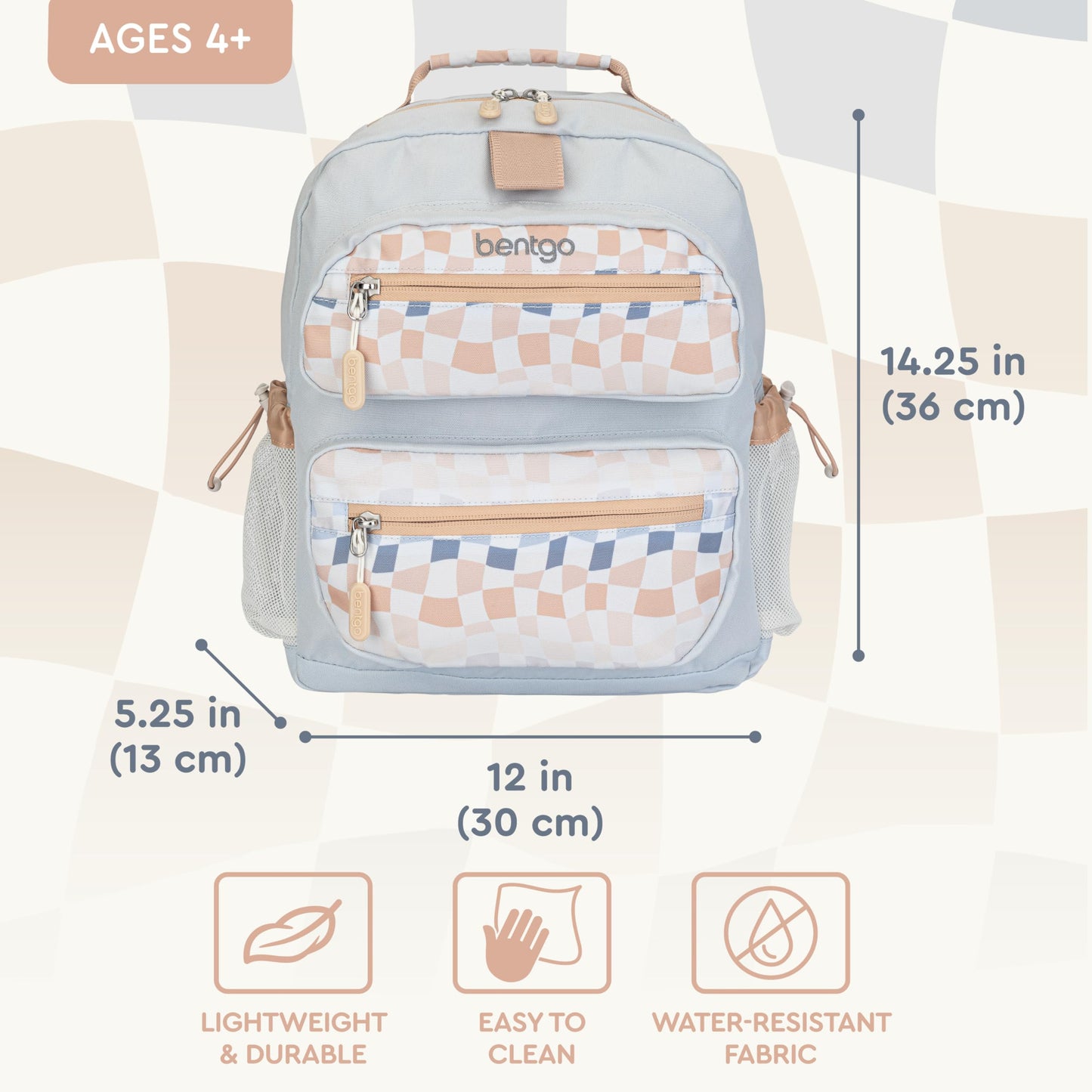 Bentgo Kids Backpack (Whimsy & Wonder Collection) - Lightweight 14’’ for School, Travel & Daycare - Ideal for Kids 4+, Durable & Water-Resistant, Roomy Interior, Loop for Lunch Bag (Checker Gradient)