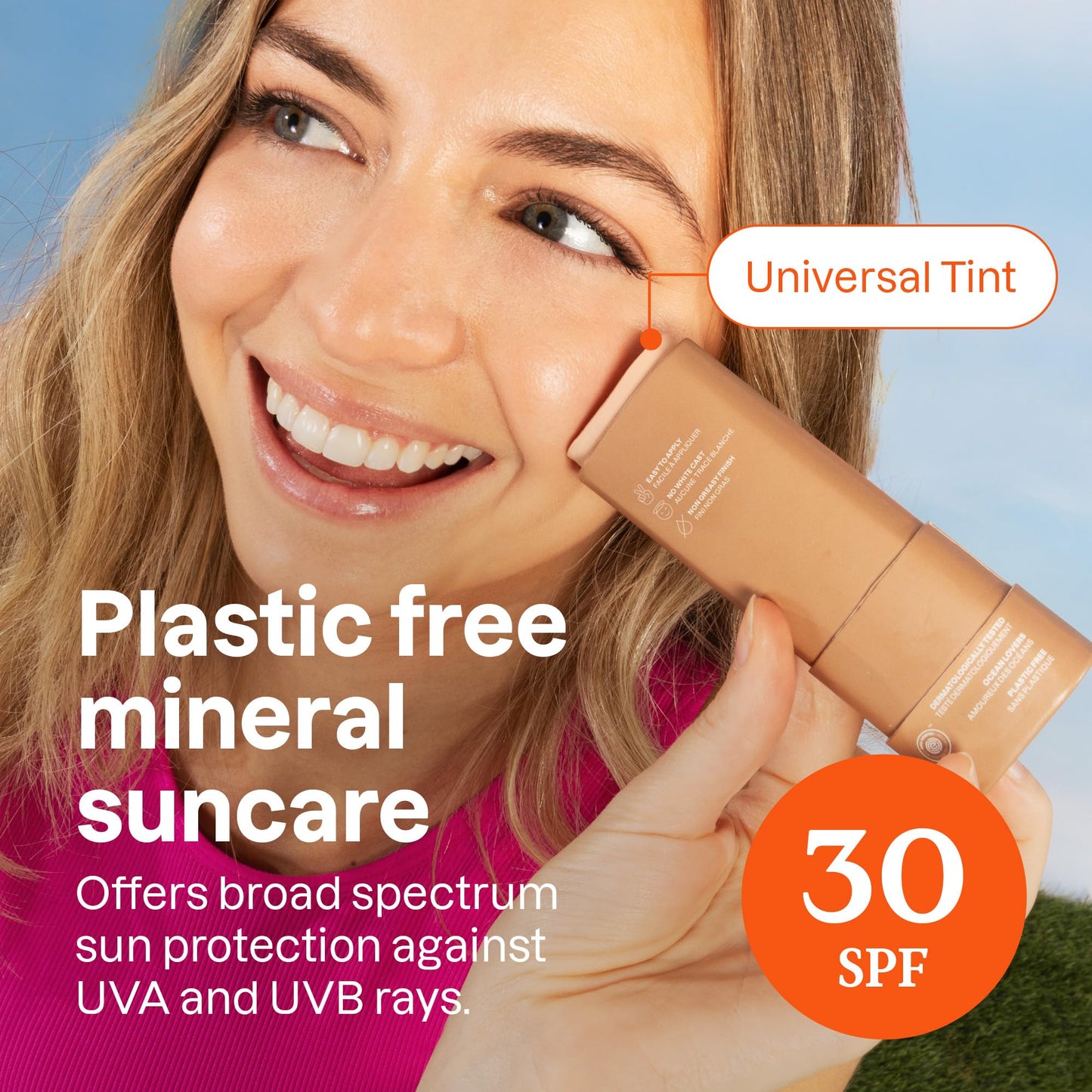 ATTITUDE Tinted Mineral Sunscreen Face Stick with Zinc Oxide, SPF 30, EWG Verified, Plastic-Free, Broad Spectrum UVA/UVB Protection, Dermatologically